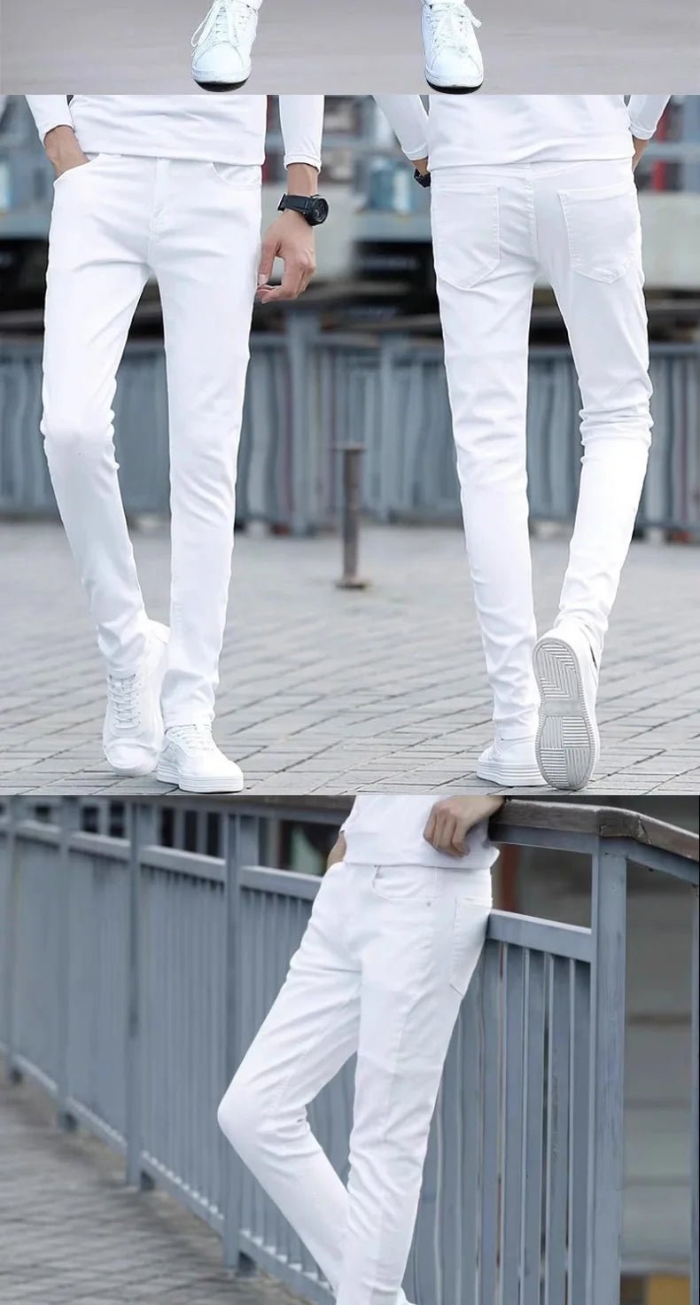 Pure White Slim Fit Men's Jeans Elastic Casual Faison Straight Leg Long Trousers Spring Summer Low Waist Button Closure - PratSN