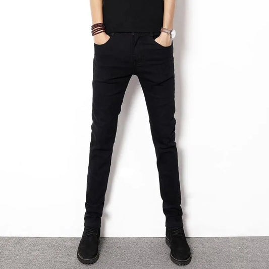 Pure White Slim Fit Men's Jeans Elastic Casual Faison Straight Leg Long Trousers Spring Summer Low Waist Button Closure - PratSN