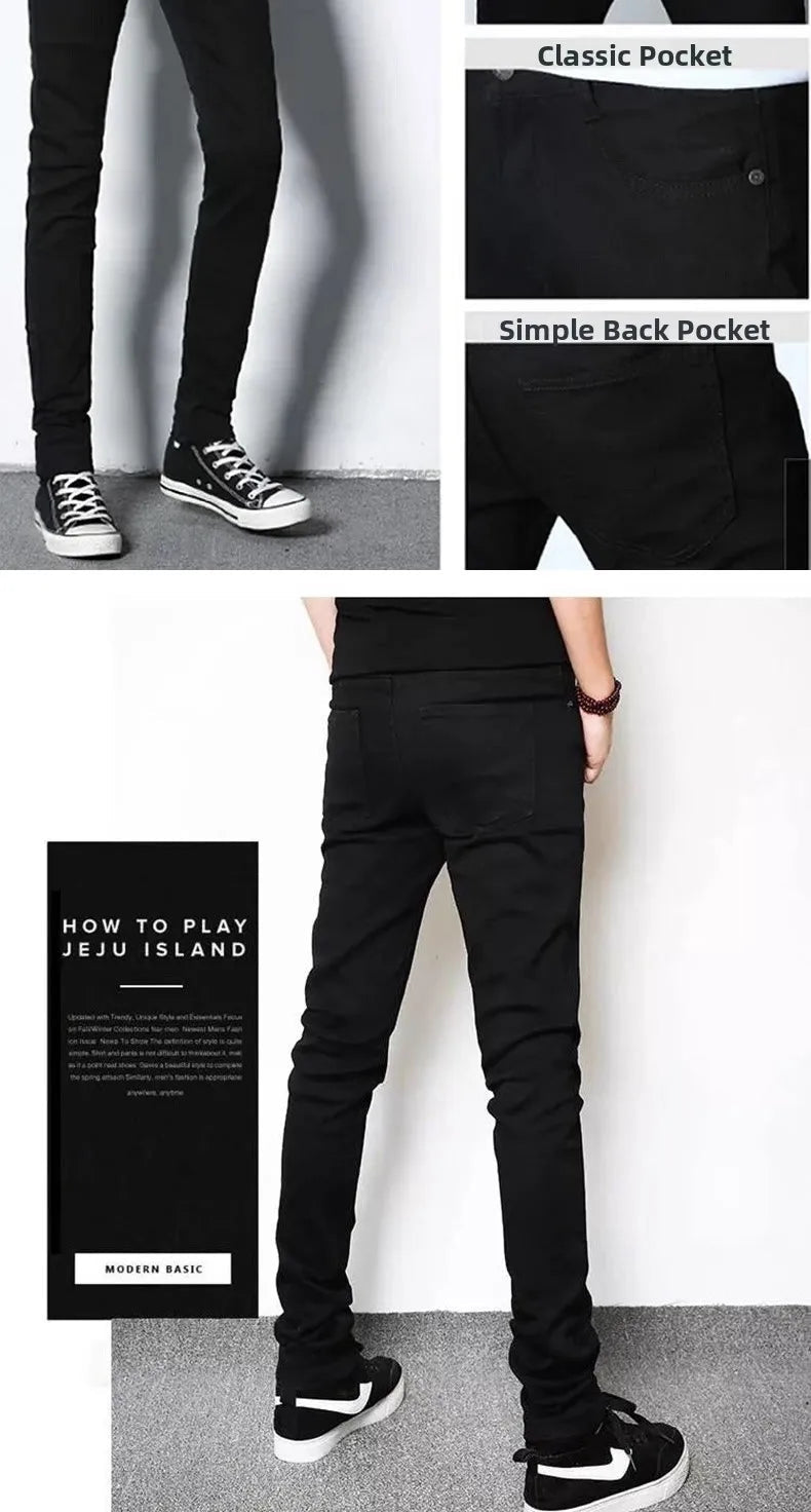 Pure White Slim Fit Men's Jeans Elastic Casual Faison Straight Leg Long Trousers Spring Summer Low Waist Button Closure - PratSN