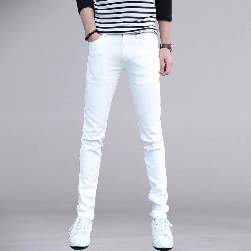 Pure White Slim Fit Men's Jeans Elastic Casual Faison Straight Leg Long Trousers Spring Summer Low Waist Button Closure - PratSN