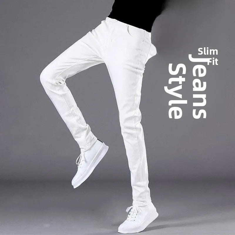 Pure White Slim Fit Men's Jeans Elastic Casual Faison Straight Leg Long Trousers Spring Summer Low Waist Button Closure - PratSN