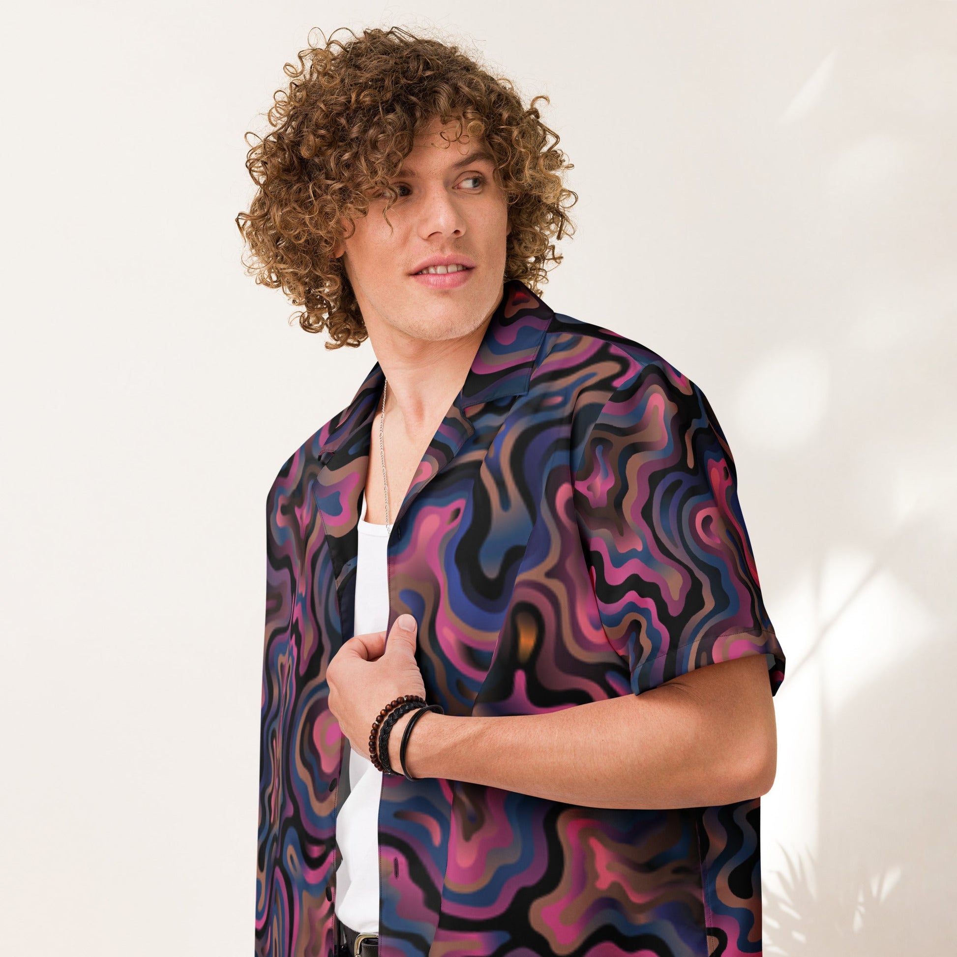 Purple Abstract Button Shirt for Men - Unisex Summer Beach Wear - PratSN
