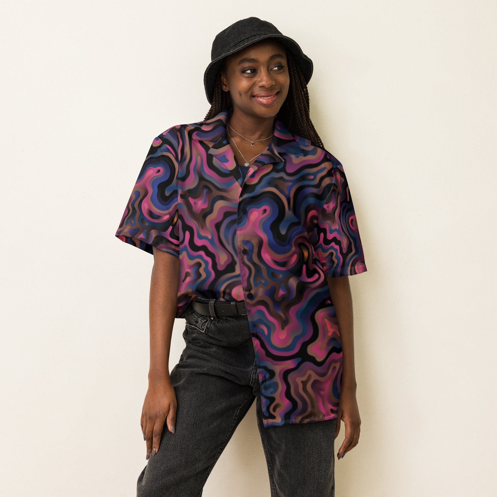 Purple Abstract Button Shirt for Men - Unisex Summer Beach Wear - PratSN