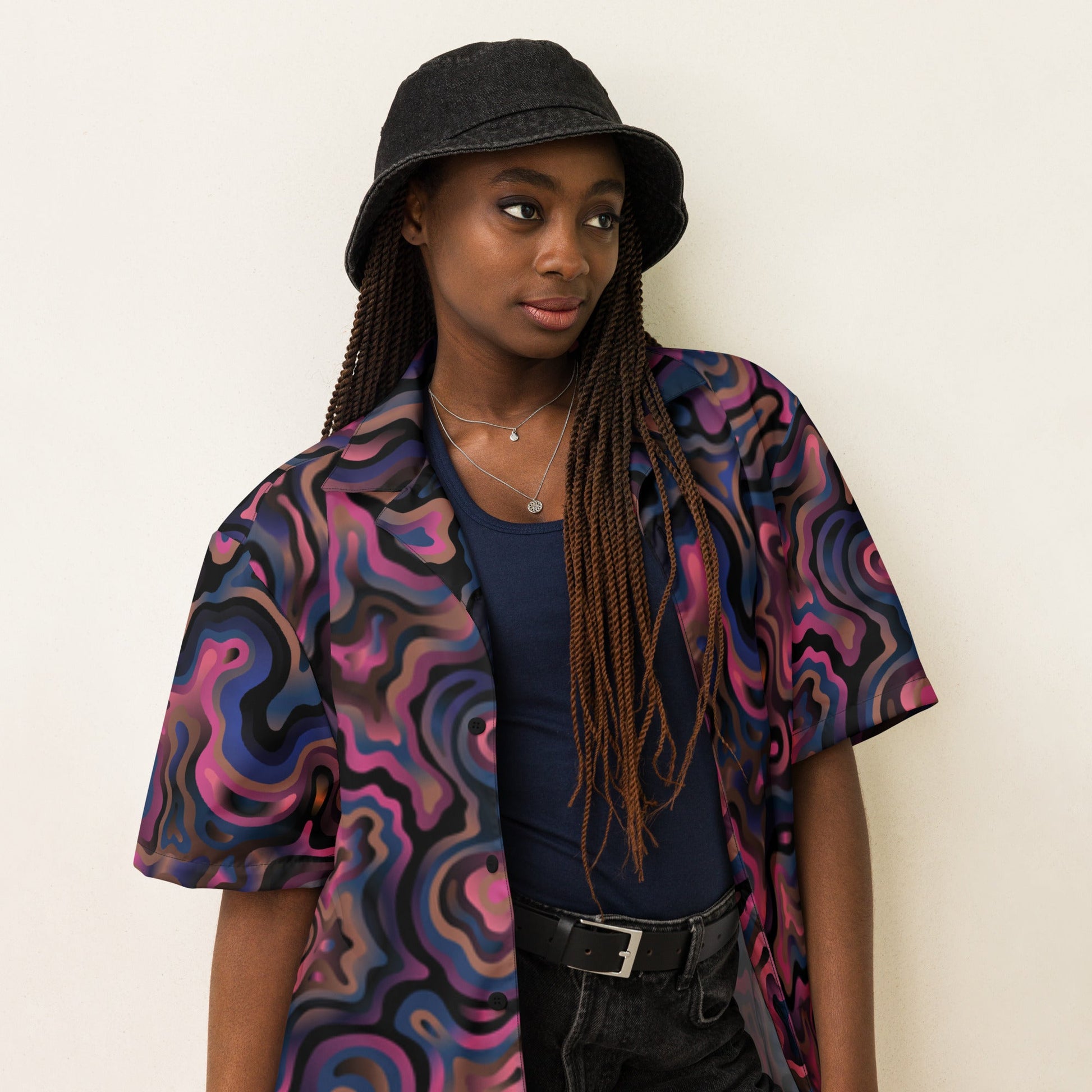 Purple Abstract Button Shirt for Men - Unisex Summer Beach Wear - PratSN