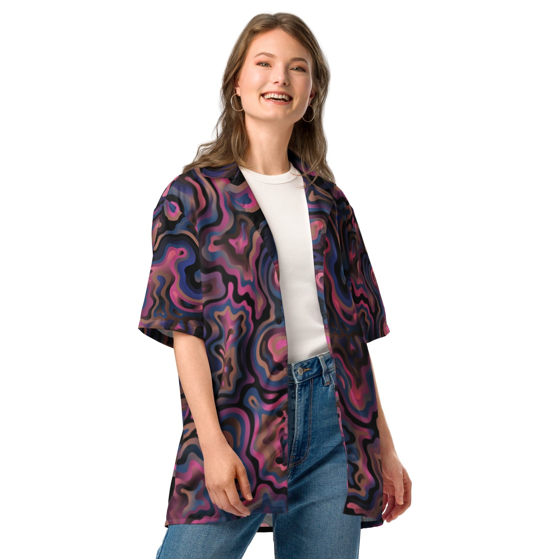 Purple Abstract Button Shirt for Men - Unisex Summer Beach Wear - PratSN