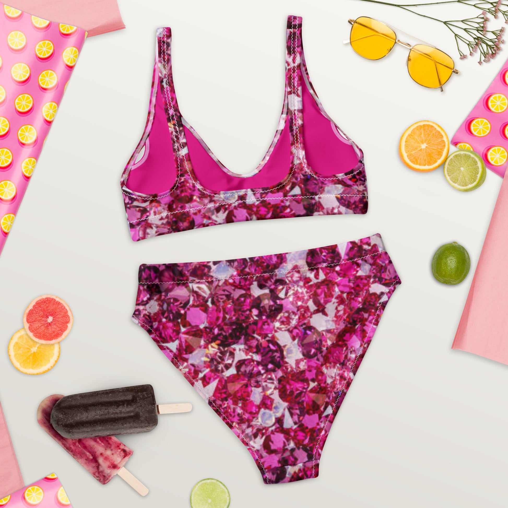 Recycled high - waisted bikini, Beach dress, Beach dress for summer and spring Pink Ruby Bikini, Rhinestone Print, ( Not Real Sequins Design Is Printed Onto Fabric) - PratSN