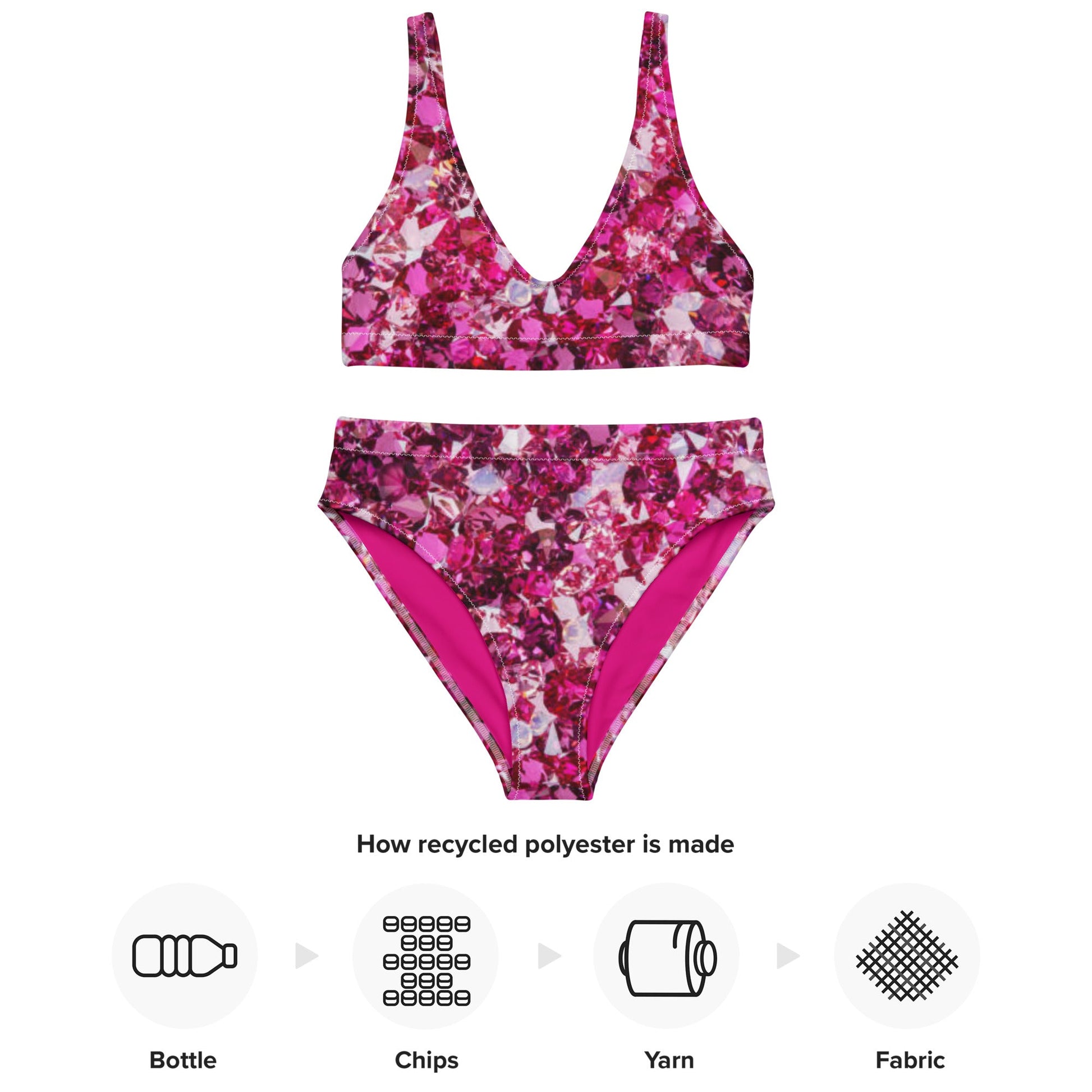 Recycled high - waisted bikini, Beach dress, Beach dress for summer and spring Pink Ruby Bikini, Rhinestone Print, ( Not Real Sequins Design Is Printed Onto Fabric) - PratSN