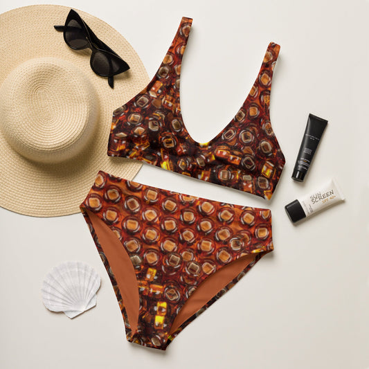 Recycled high - waisted bikini, Gold black Bikini, Beach dress, Beach dress for summer and spring Rhinestone Print, ( Not Real Sequins Design Is Printed Onto Fabric) - PratSN