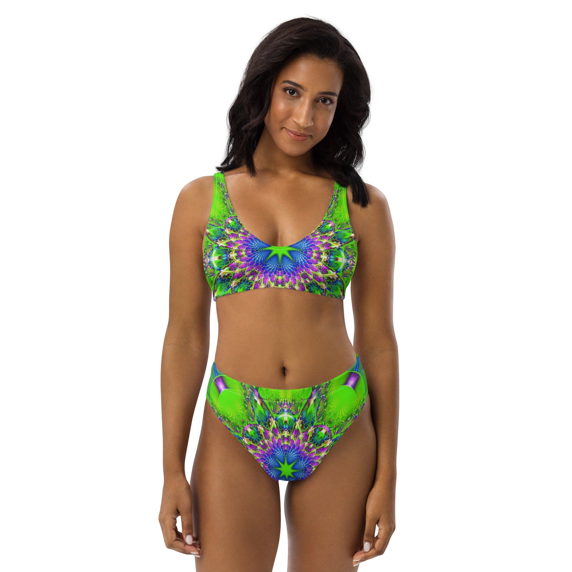 Recycled high - waisted bikini, Kelly Green Blue bikini, Floral Bikini, Floral pattern bikini, Beach dress, Beach dress for summer and spring - PratSN