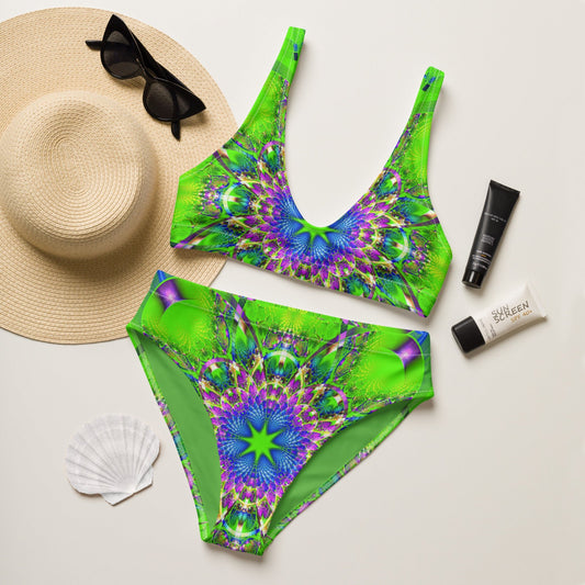 Recycled high - waisted bikini, Kelly Green Blue bikini, Floral Bikini, Floral pattern bikini, Beach dress, Beach dress for summer and spring - PratSN