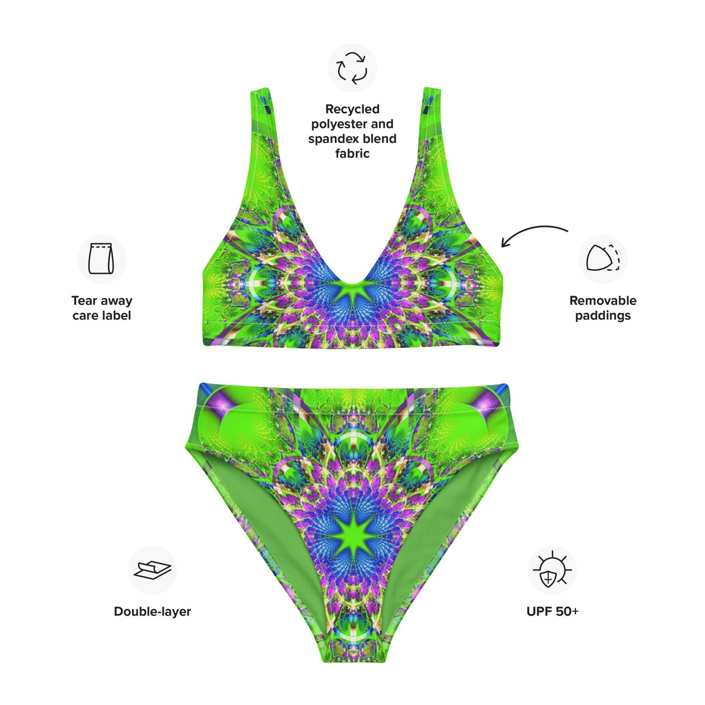 Recycled high - waisted bikini, Kelly Green Blue bikini, Floral Bikini, Floral pattern bikini, Beach dress, Beach dress for summer and spring - PratSN