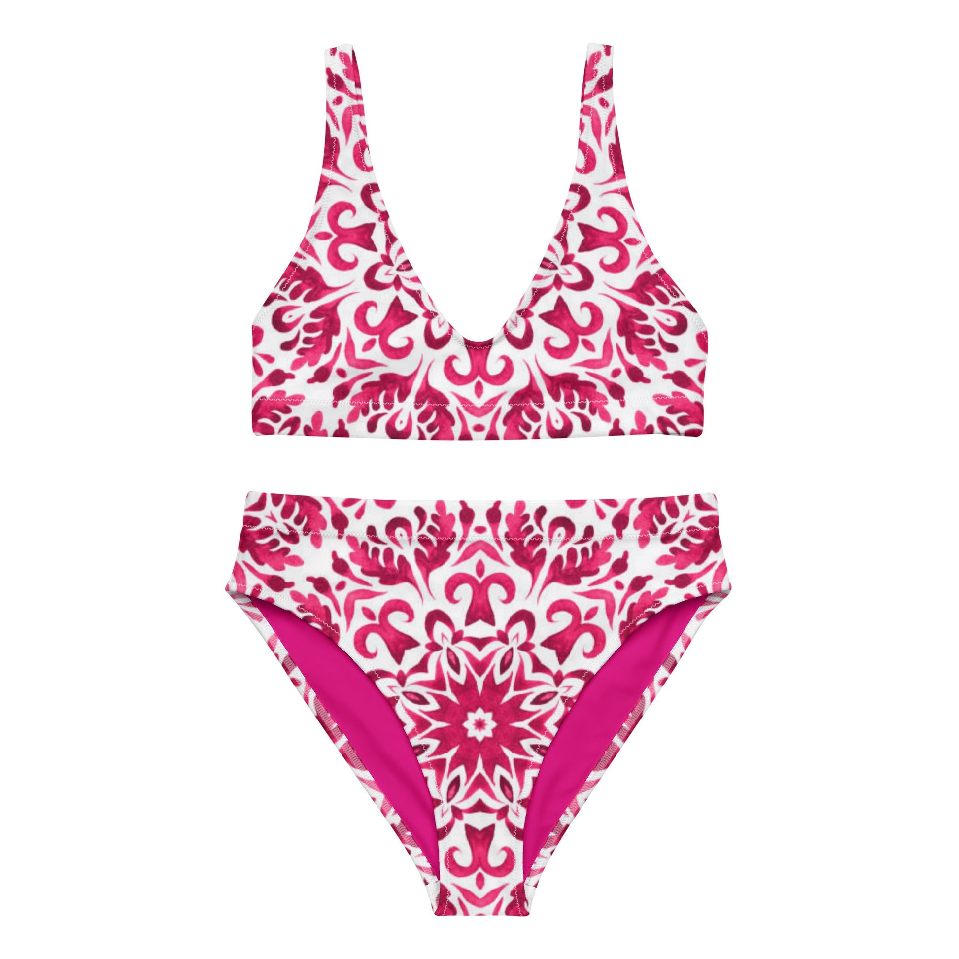 Recycled high - waisted bikini, Pink White Floral Bikini - PratSN