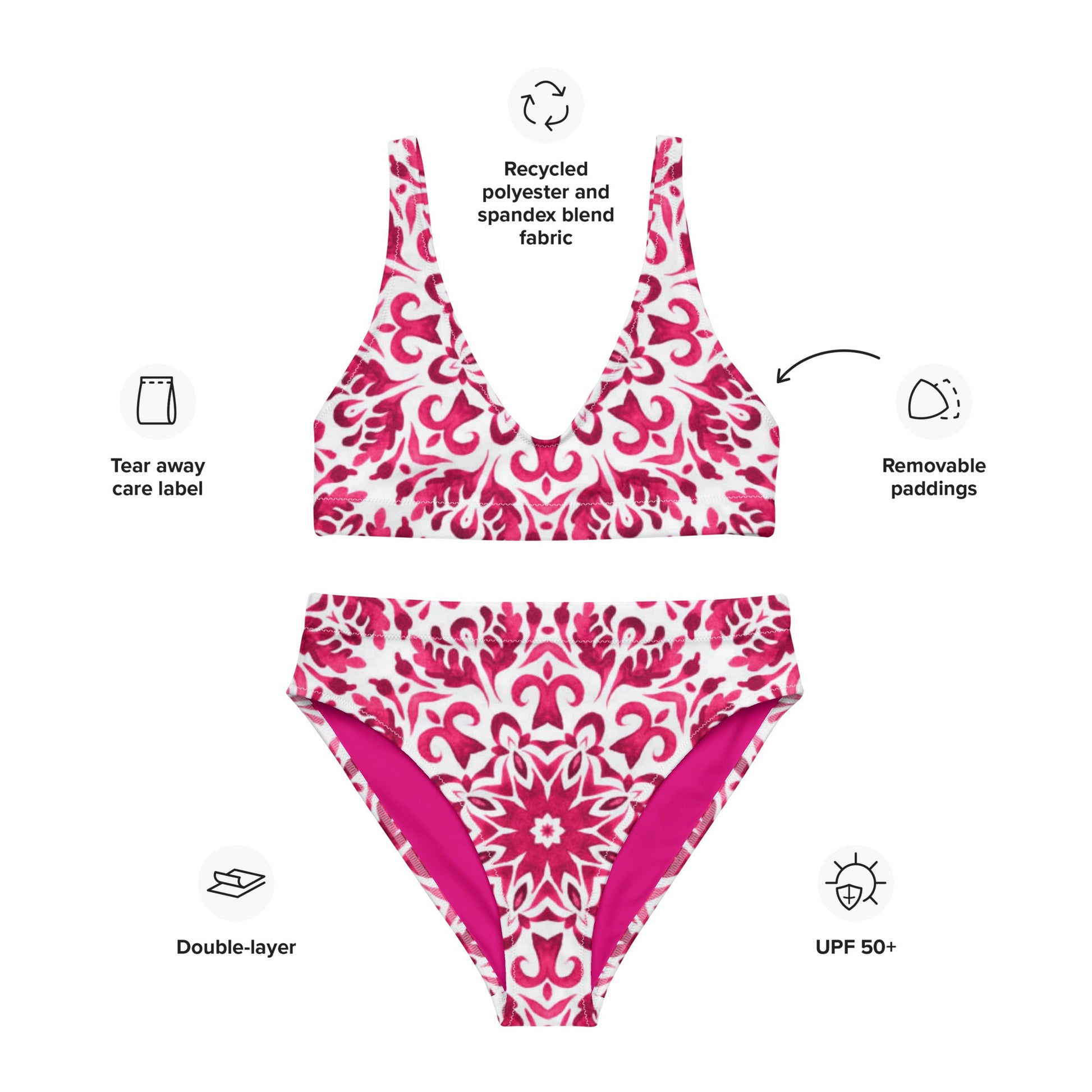 Recycled high - waisted bikini, Pink White Floral Bikini - PratSN