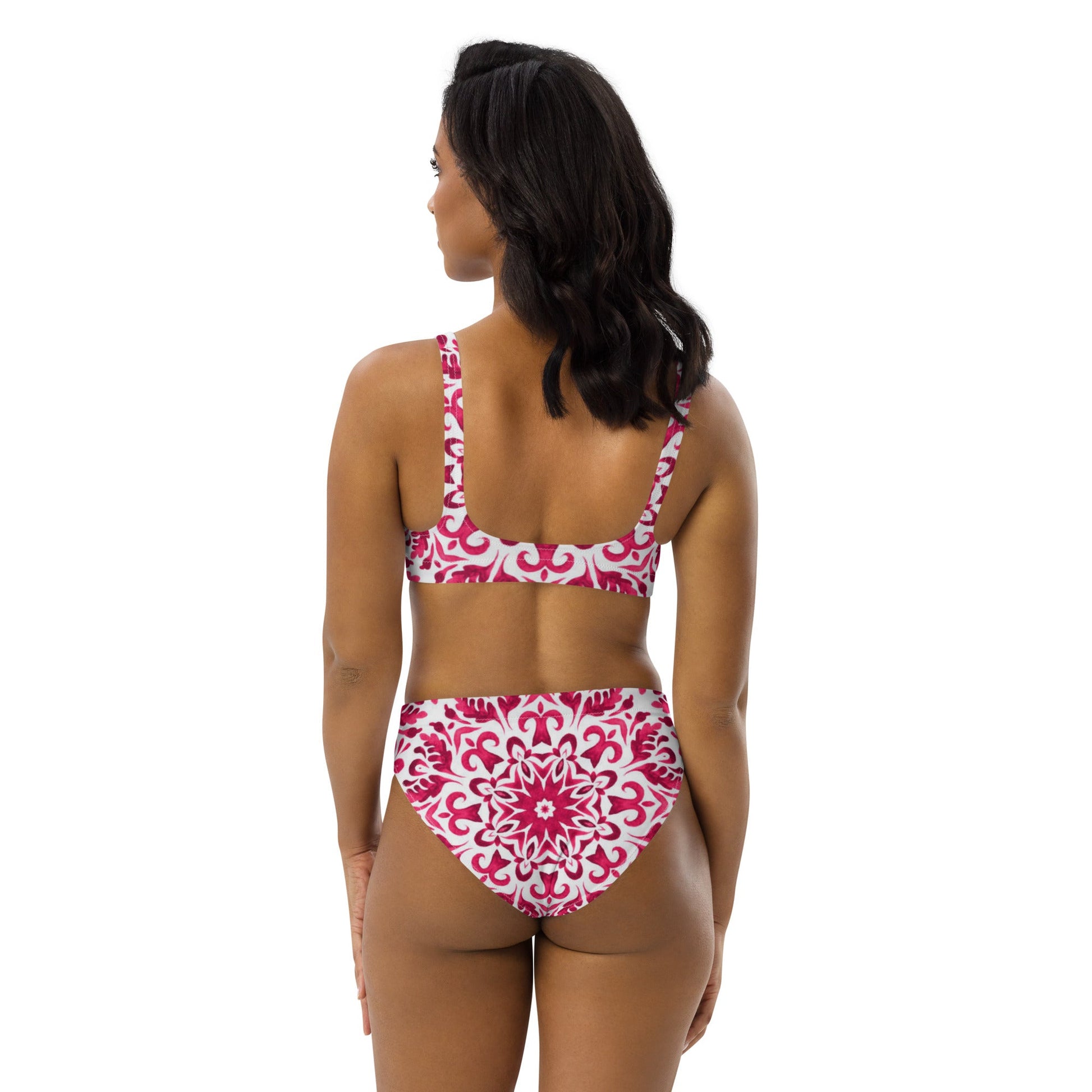 Recycled high - waisted bikini, Pink White Floral Bikini - PratSN