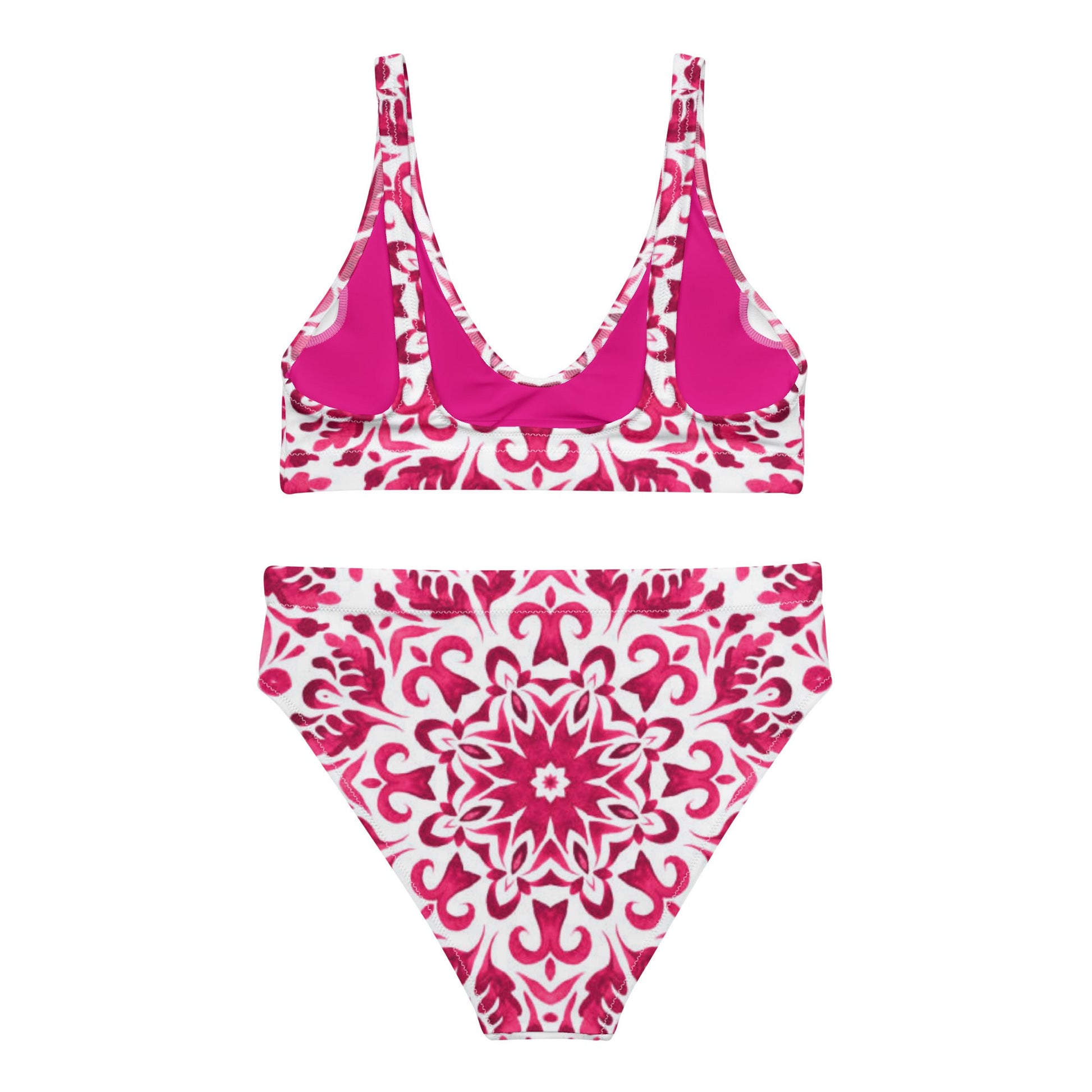 Recycled high - waisted bikini, Pink White Floral Bikini - PratSN