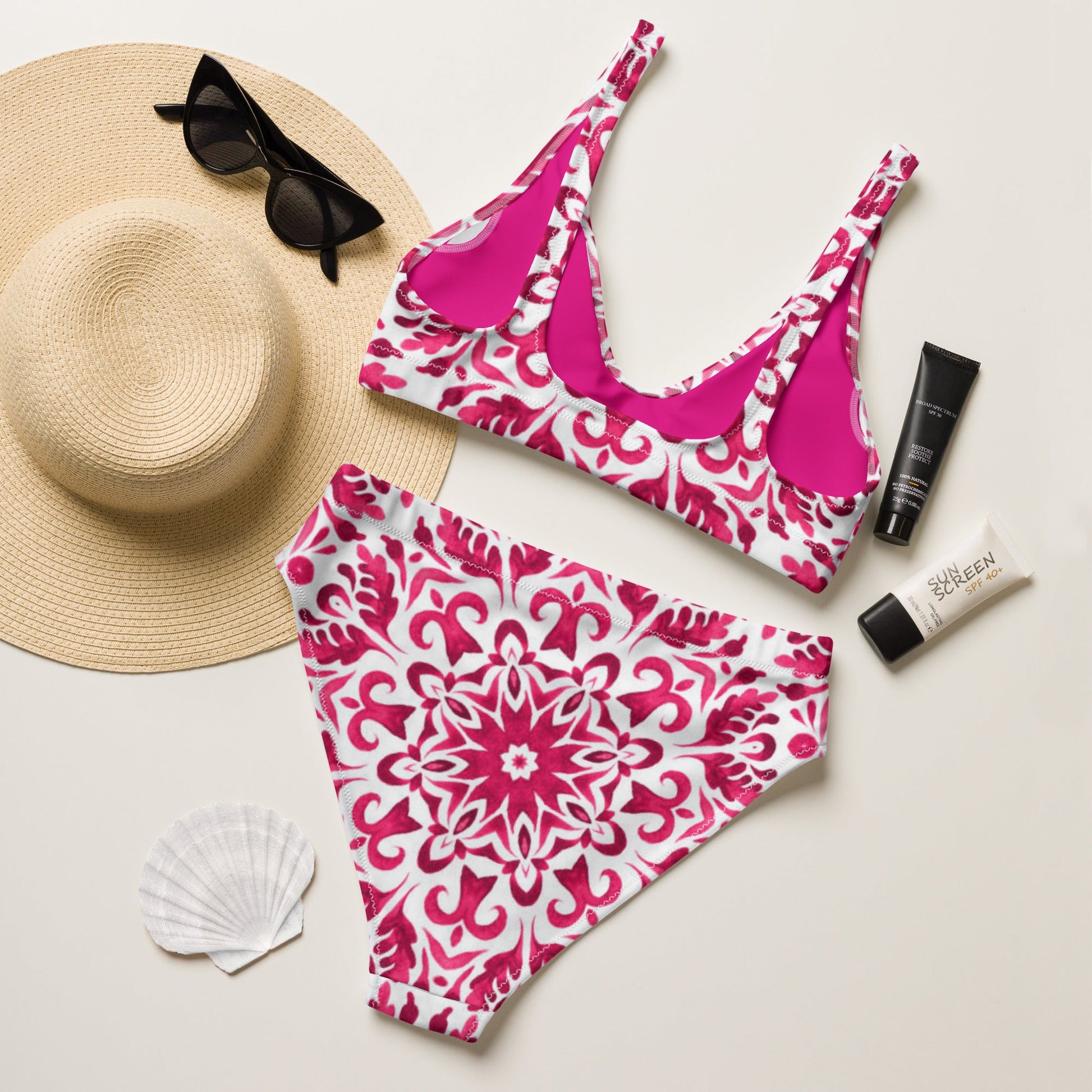 Recycled high - waisted bikini, Pink White Floral Bikini - PratSN
