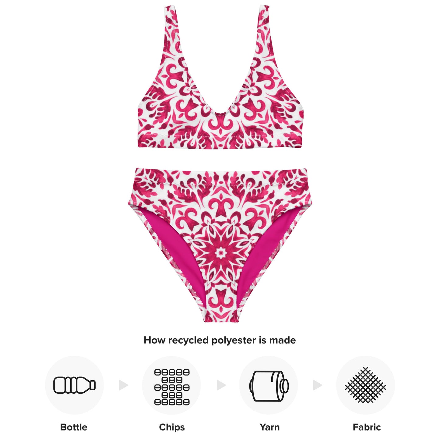 Recycled high - waisted bikini, Pink White Floral Bikini - PratSN