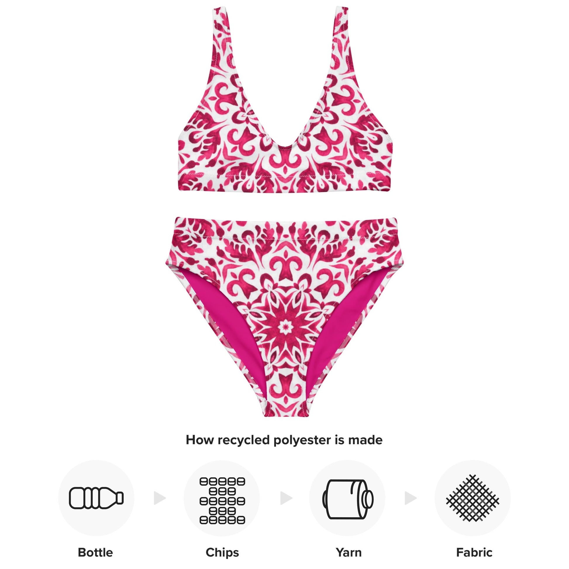 Recycled high - waisted bikini, Pink White Floral Bikini - PratSN