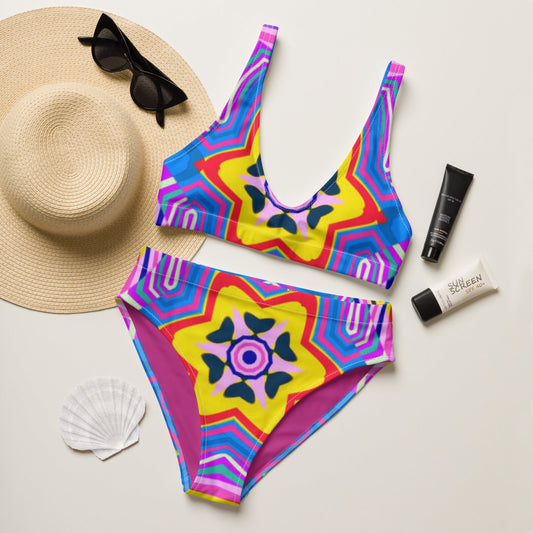 Recycled high - waisted bikini, Purple Yellow Beach dress, Beach dress for summer and spring - PratSN