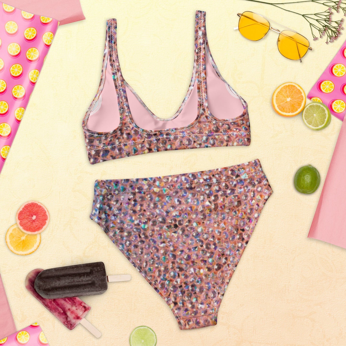 Recycled high - waisted bikini, Rhinestone print (Not Real Sequins Design Is Printed onto fabric) - PratSN