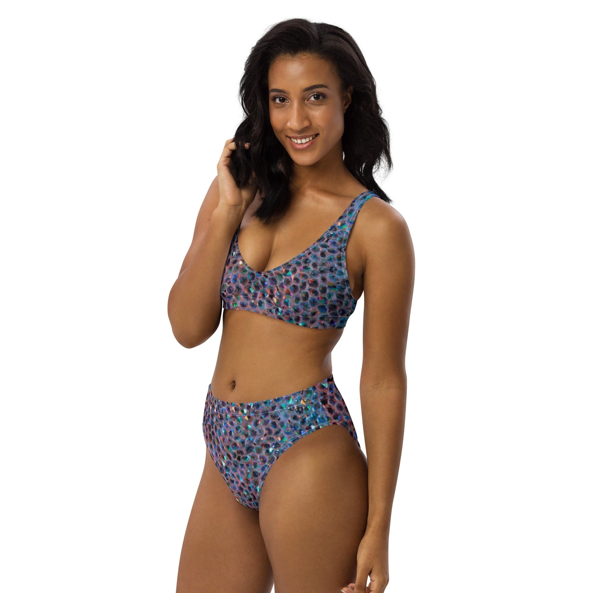 Recycled high - waisted bikini, Rhinestone print (Not Real Sequins Design Is Printed onto fabric) - PratSN