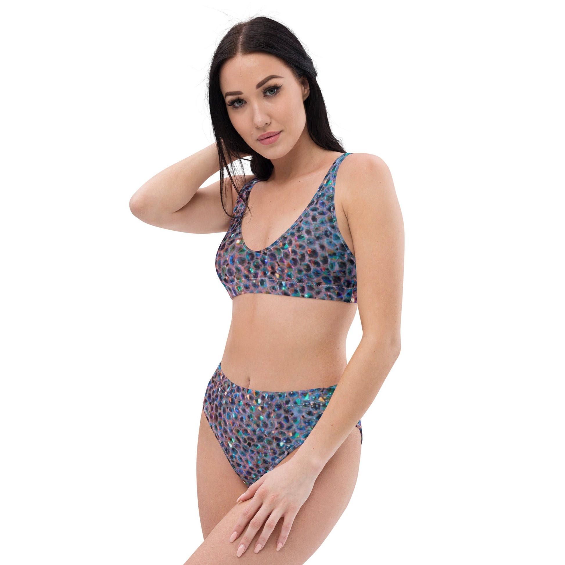 Recycled high - waisted bikini, Rhinestone print (Not Real Sequins Design Is Printed onto fabric) - PratSN