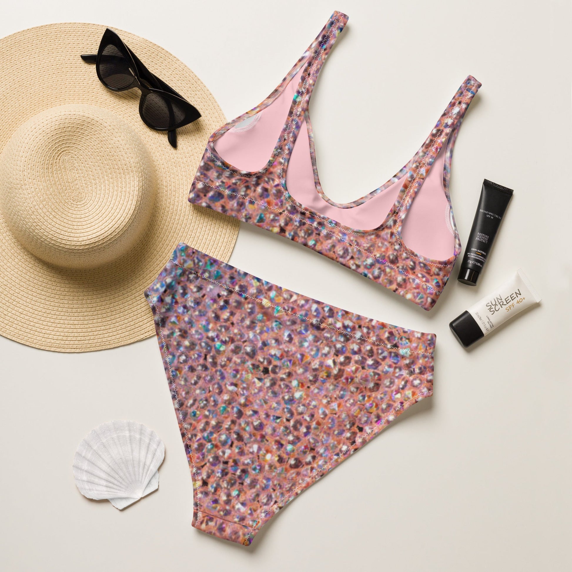 Recycled high - waisted bikini, Rhinestone print (Not Real Sequins Design Is Printed onto fabric) - PratSN
