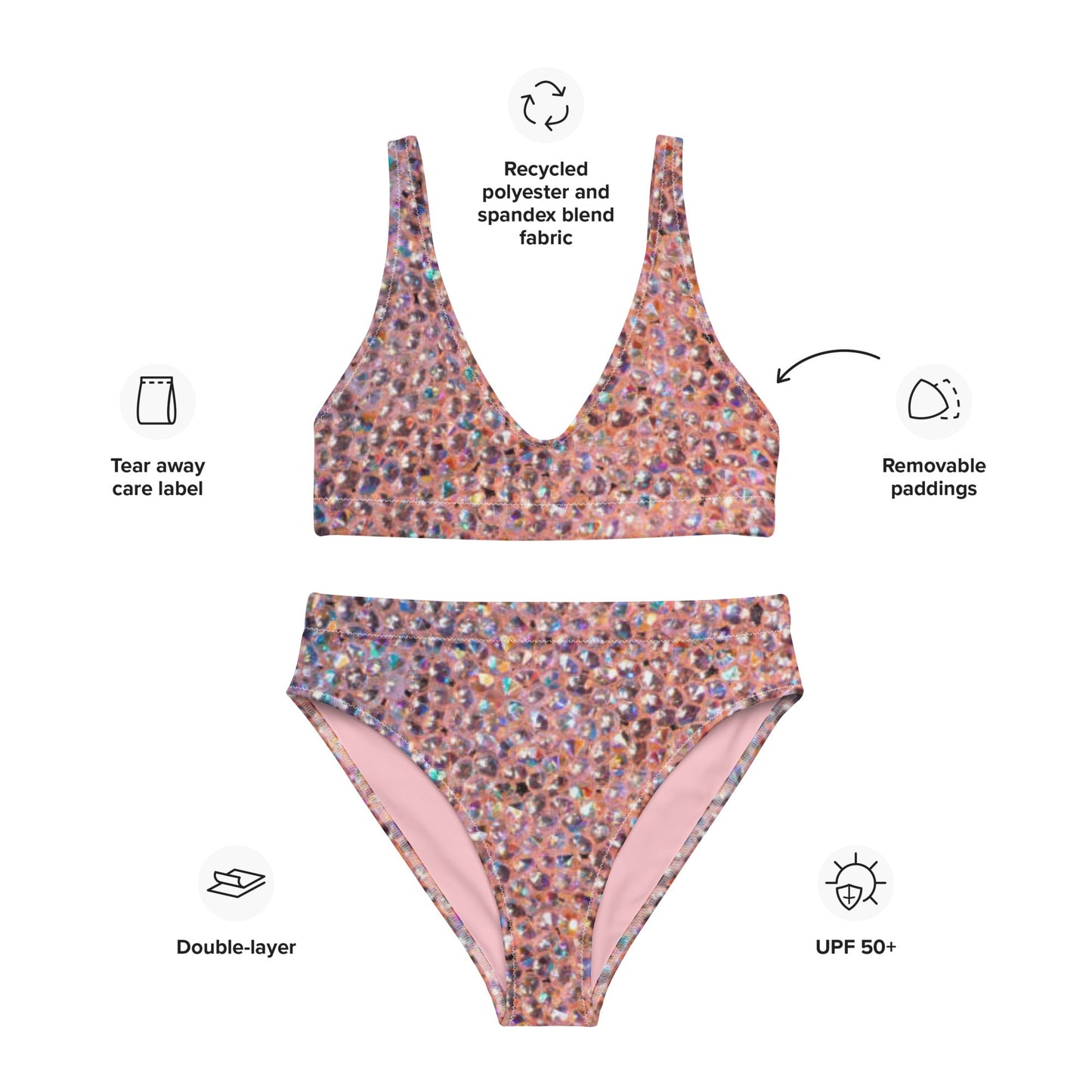Recycled high - waisted bikini, Rhinestone print (Not Real Sequins Design Is Printed onto fabric) - PratSN