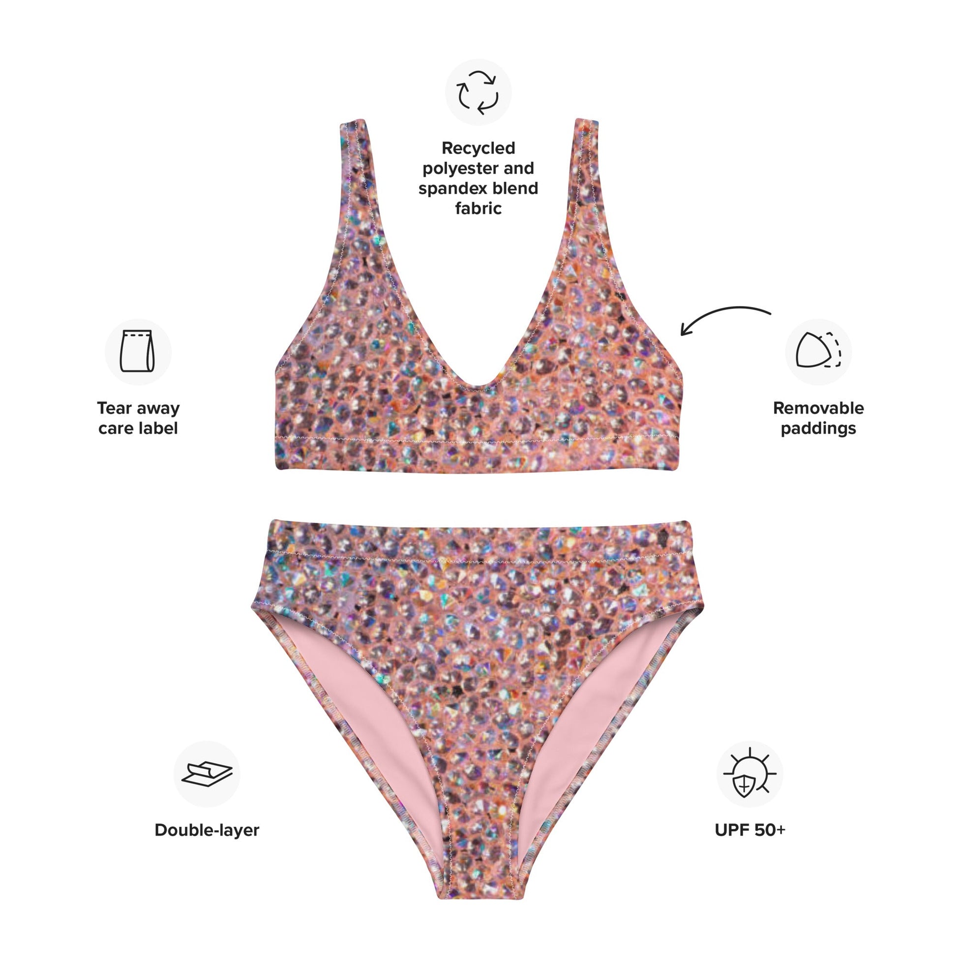 Recycled high - waisted bikini, Rhinestone print (Not Real Sequins Design Is Printed onto fabric) - PratSN