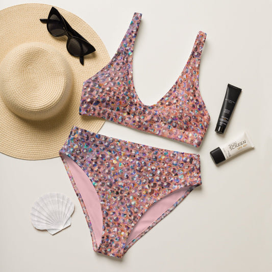 Recycled high - waisted bikini, Rhinestone print (Not Real Sequins Design Is Printed onto fabric) - PratSN