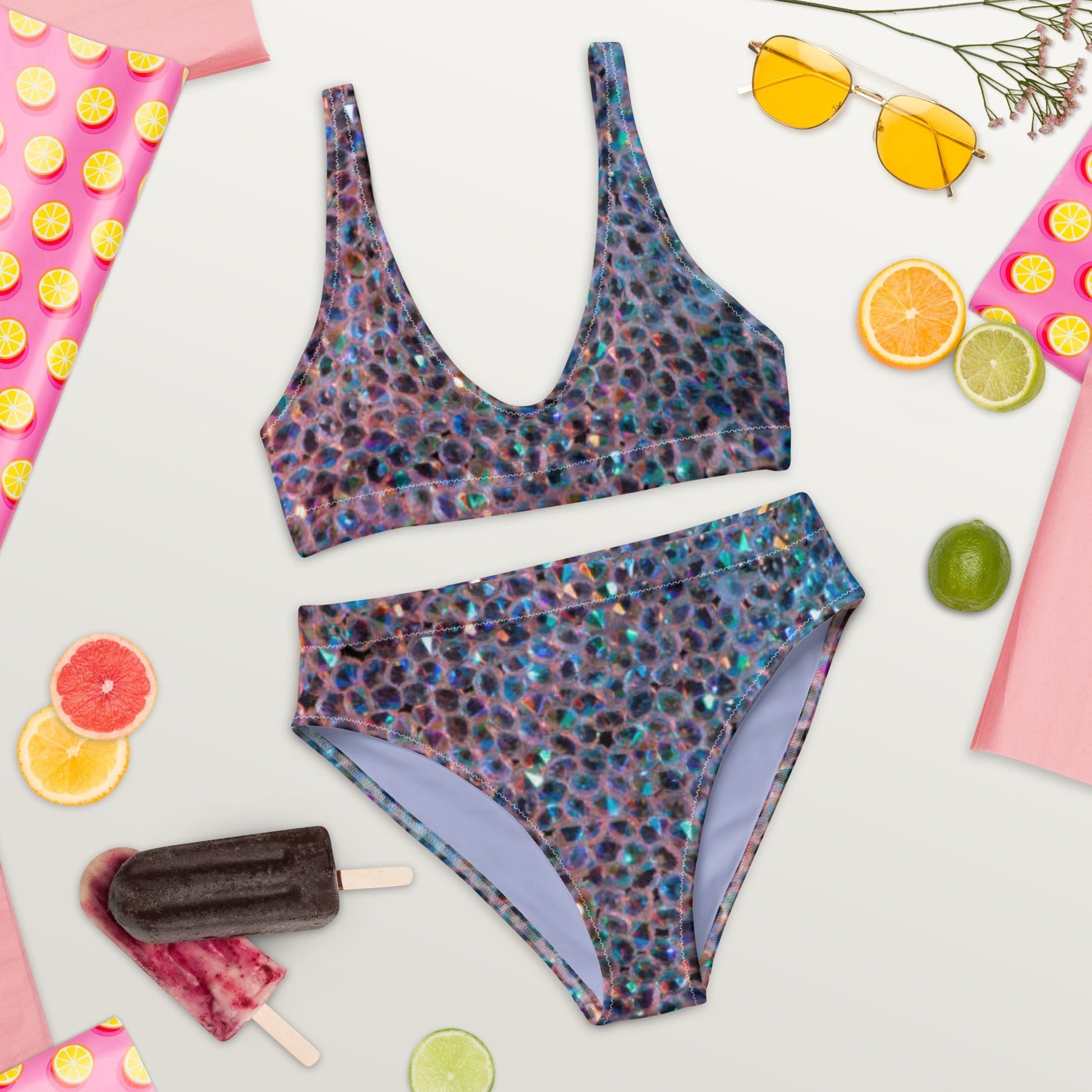 Recycled high - waisted bikini, Rhinestone print (Not Real Sequins Design Is Printed onto fabric) - PratSN