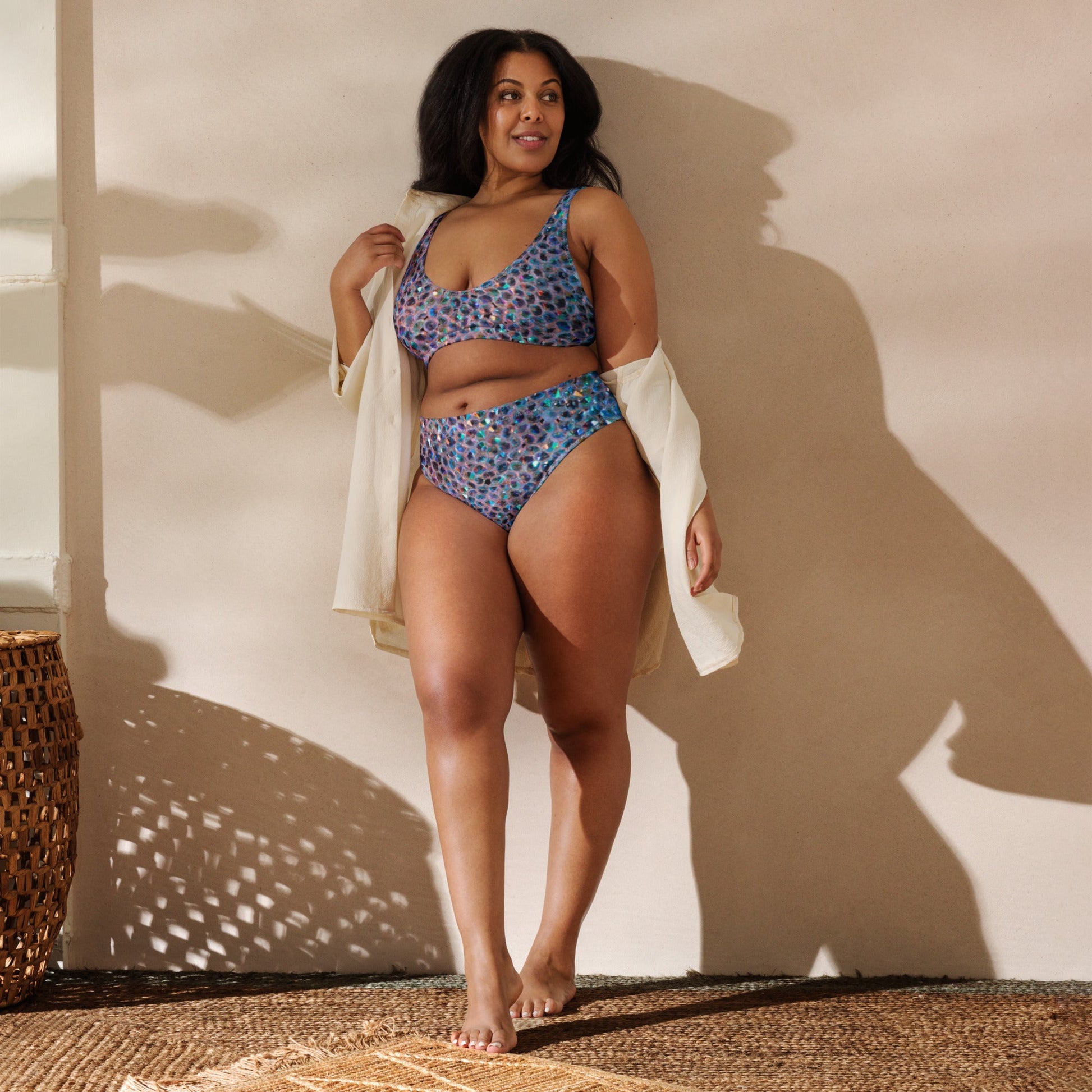 Recycled high - waisted bikini, Rhinestone print (Not Real Sequins Design Is Printed onto fabric) - PratSN