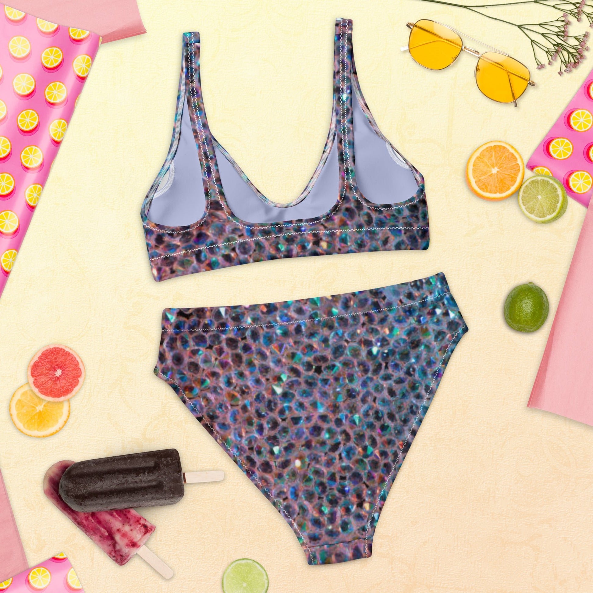 Recycled high - waisted bikini, Rhinestone print (Not Real Sequins Design Is Printed onto fabric) - PratSN