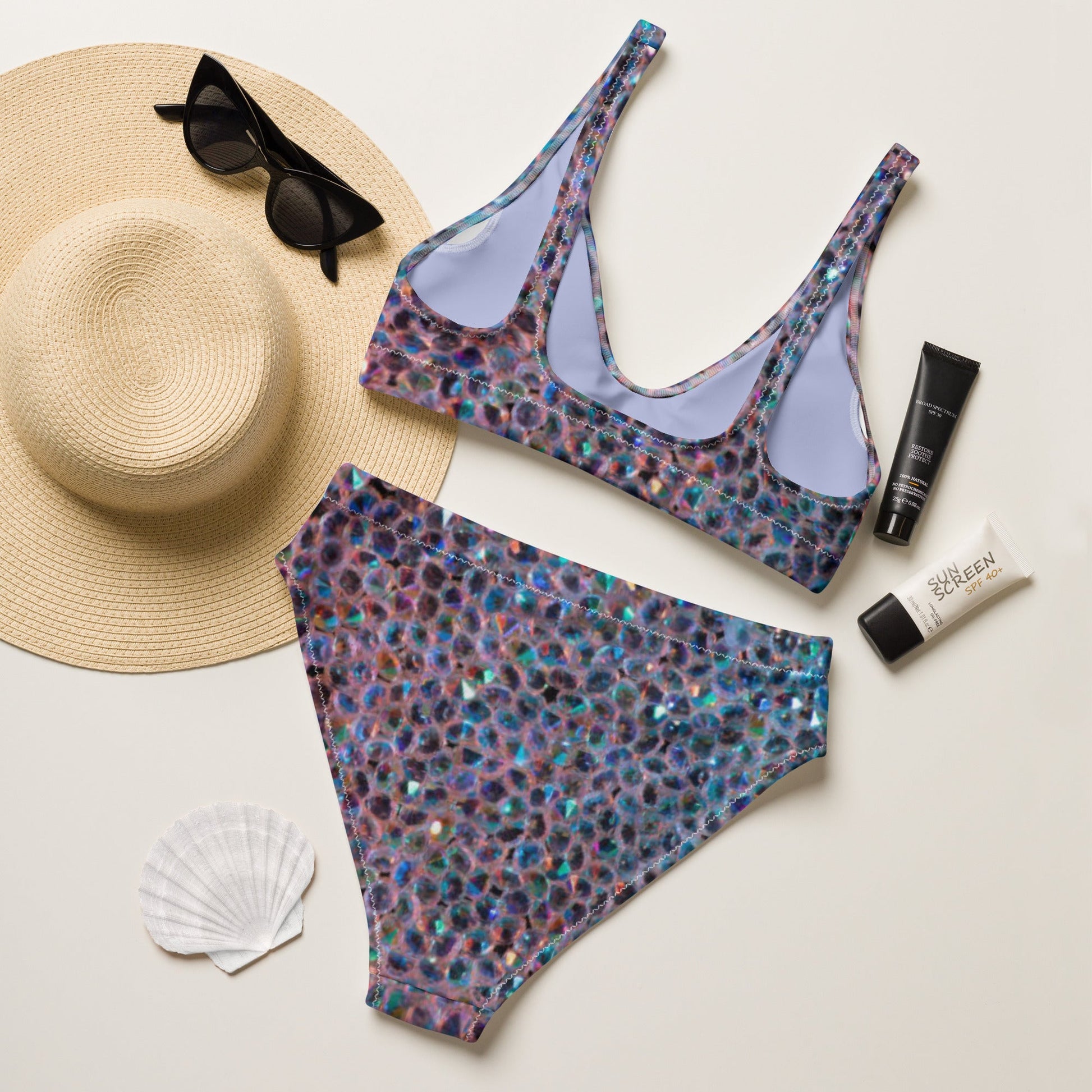 Recycled high - waisted bikini, Rhinestone print (Not Real Sequins Design Is Printed onto fabric) - PratSN