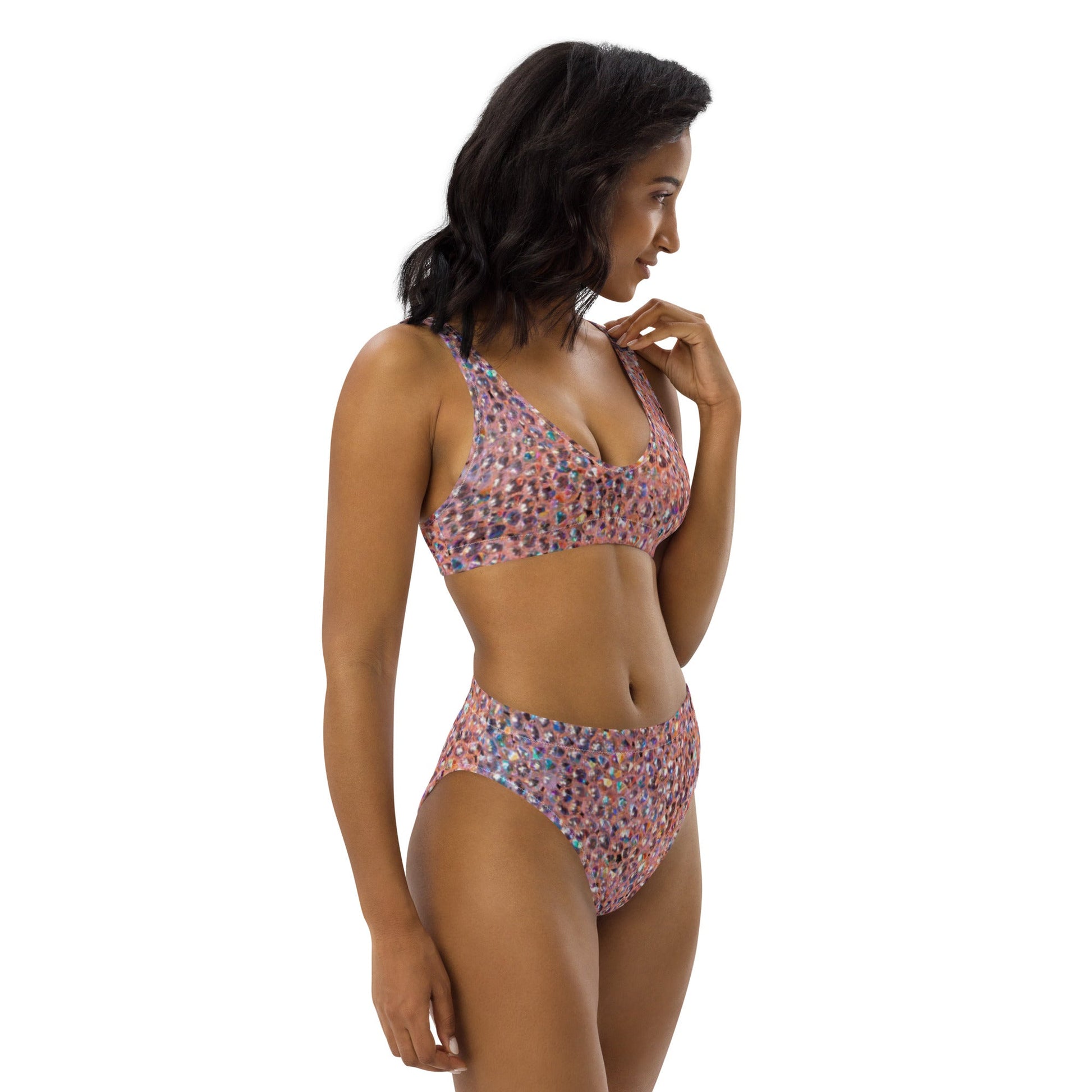 Recycled high - waisted bikini, Rhinestone print (Not Real Sequins Design Is Printed onto fabric) - PratSN