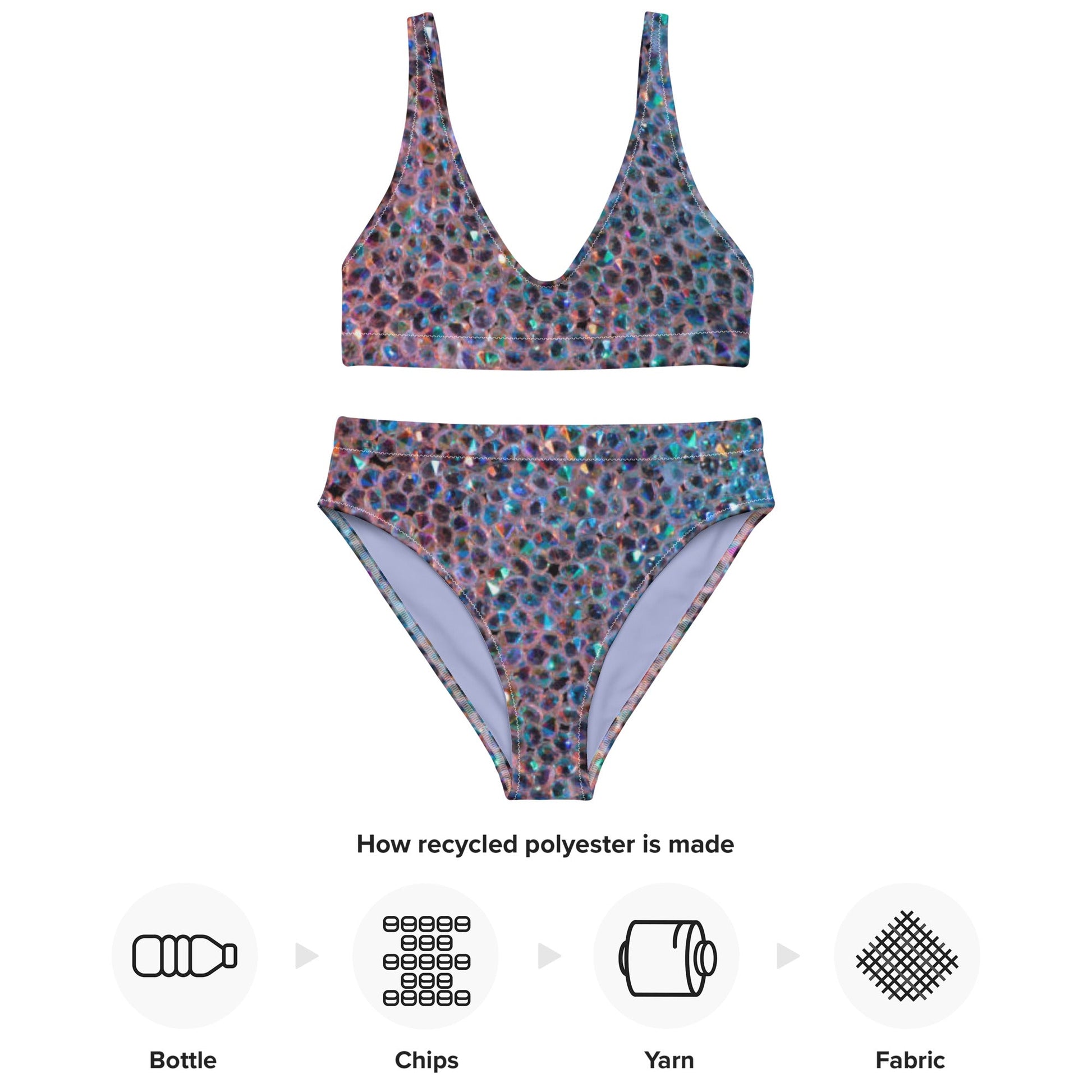 Recycled high - waisted bikini, Rhinestone print (Not Real Sequins Design Is Printed onto fabric) - PratSN