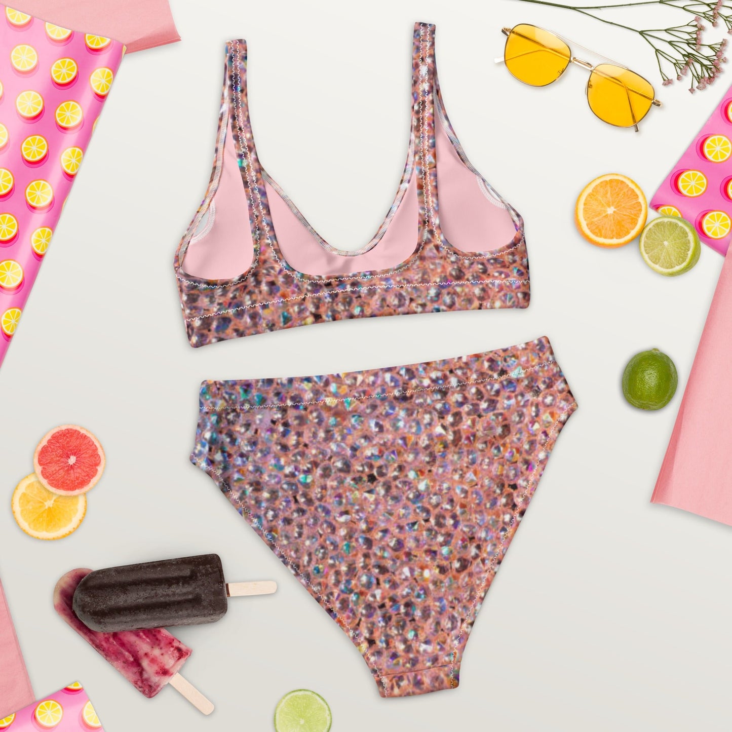 Recycled high - waisted bikini, Rhinestone print (Not Real Sequins Design Is Printed onto fabric) - PratSN