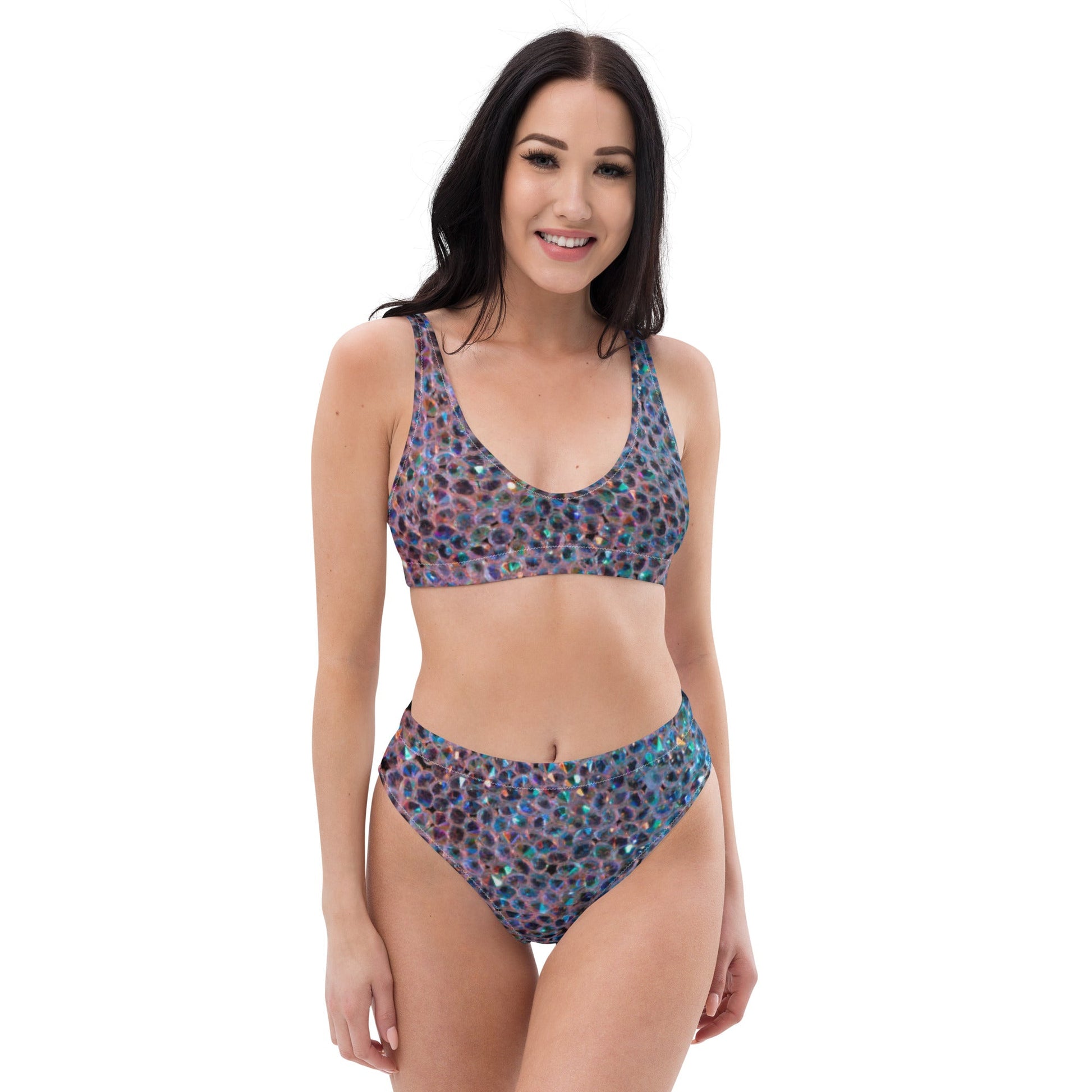 Recycled high - waisted bikini, Rhinestone print (Not Real Sequins Design Is Printed onto fabric) - PratSN