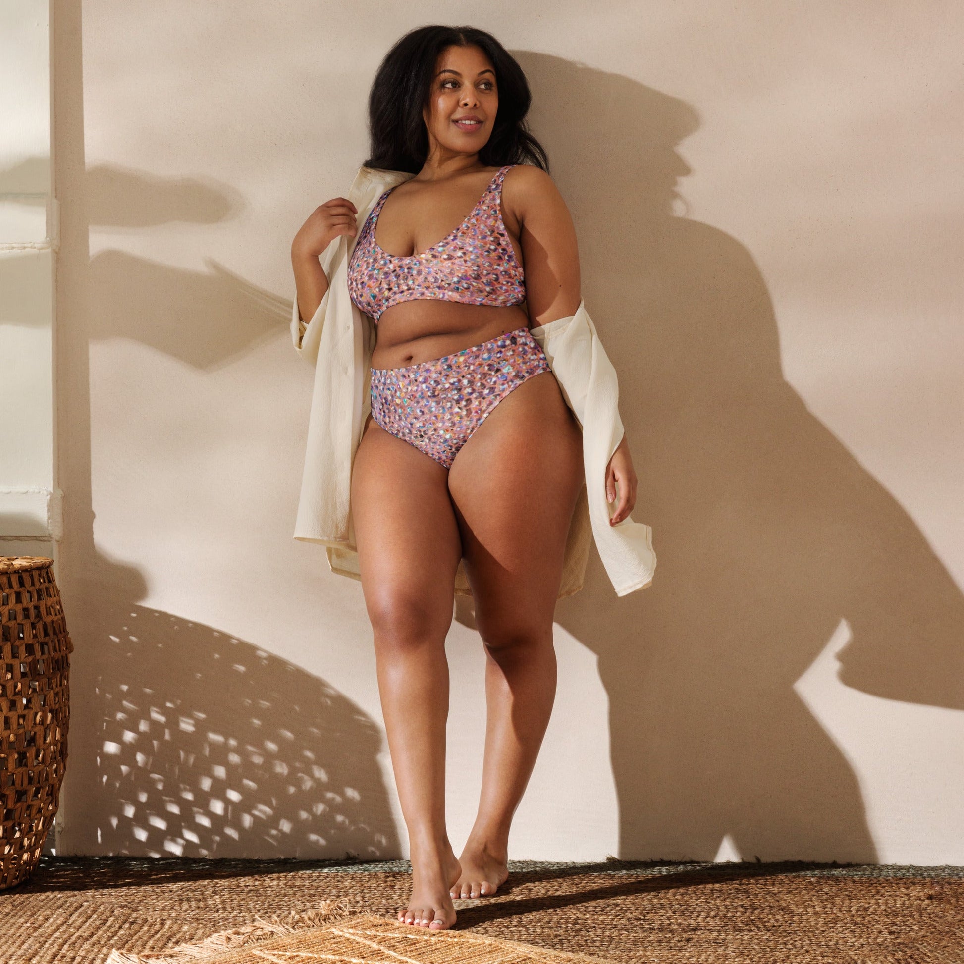 Recycled high - waisted bikini, Rhinestone print (Not Real Sequins Design Is Printed onto fabric) - PratSN