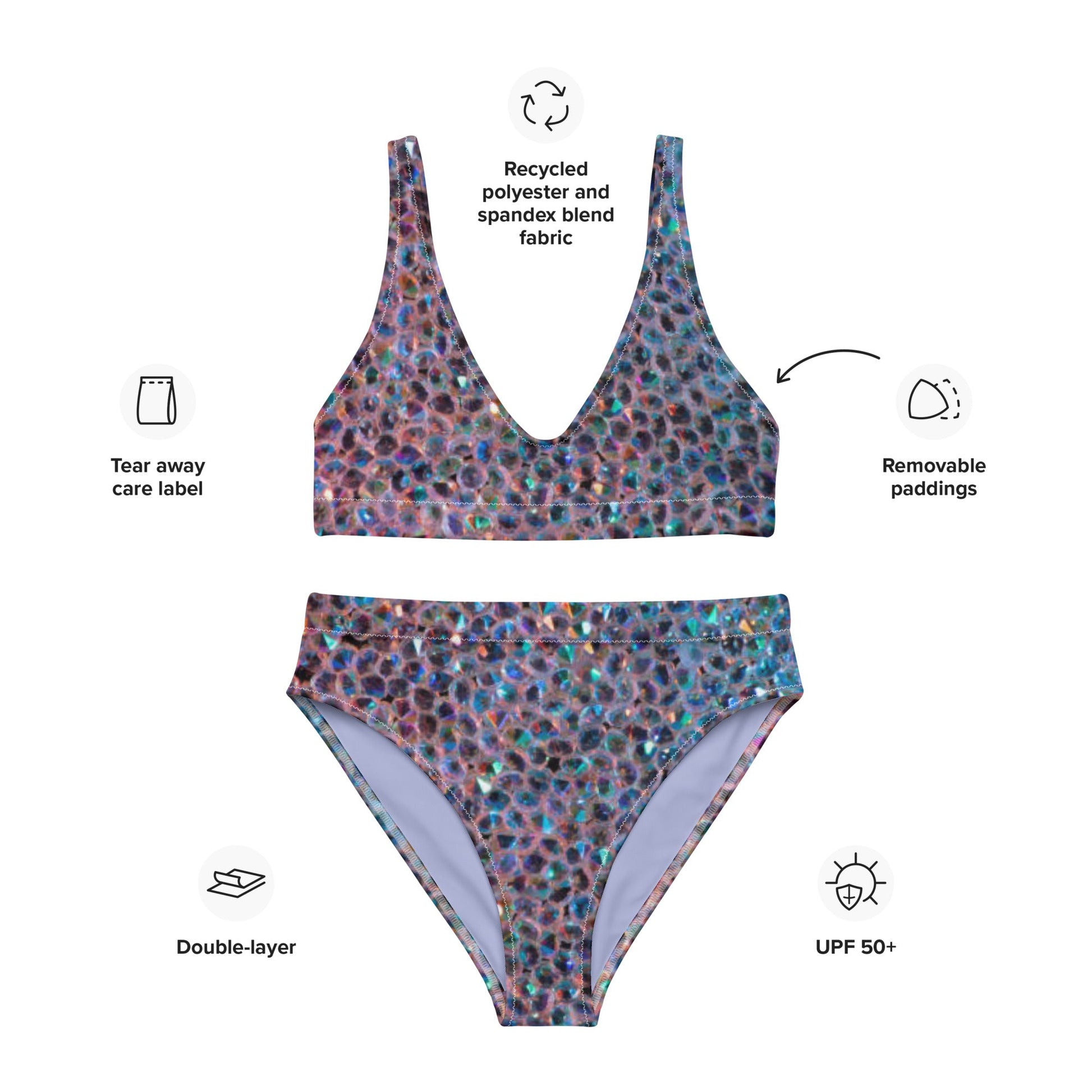 Recycled high - waisted bikini, Rhinestone print (Not Real Sequins Design Is Printed onto fabric) - PratSN