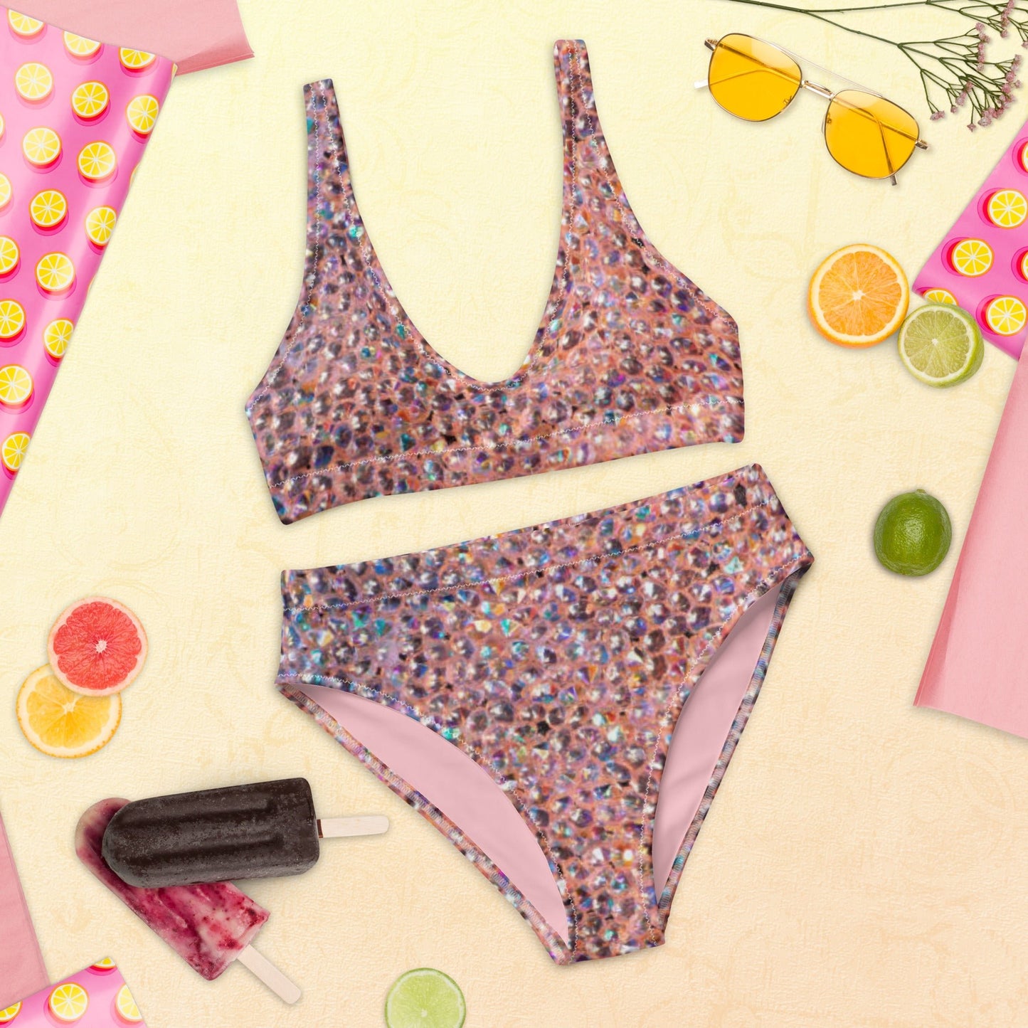 Recycled high - waisted bikini, Rhinestone print (Not Real Sequins Design Is Printed onto fabric) - PratSN