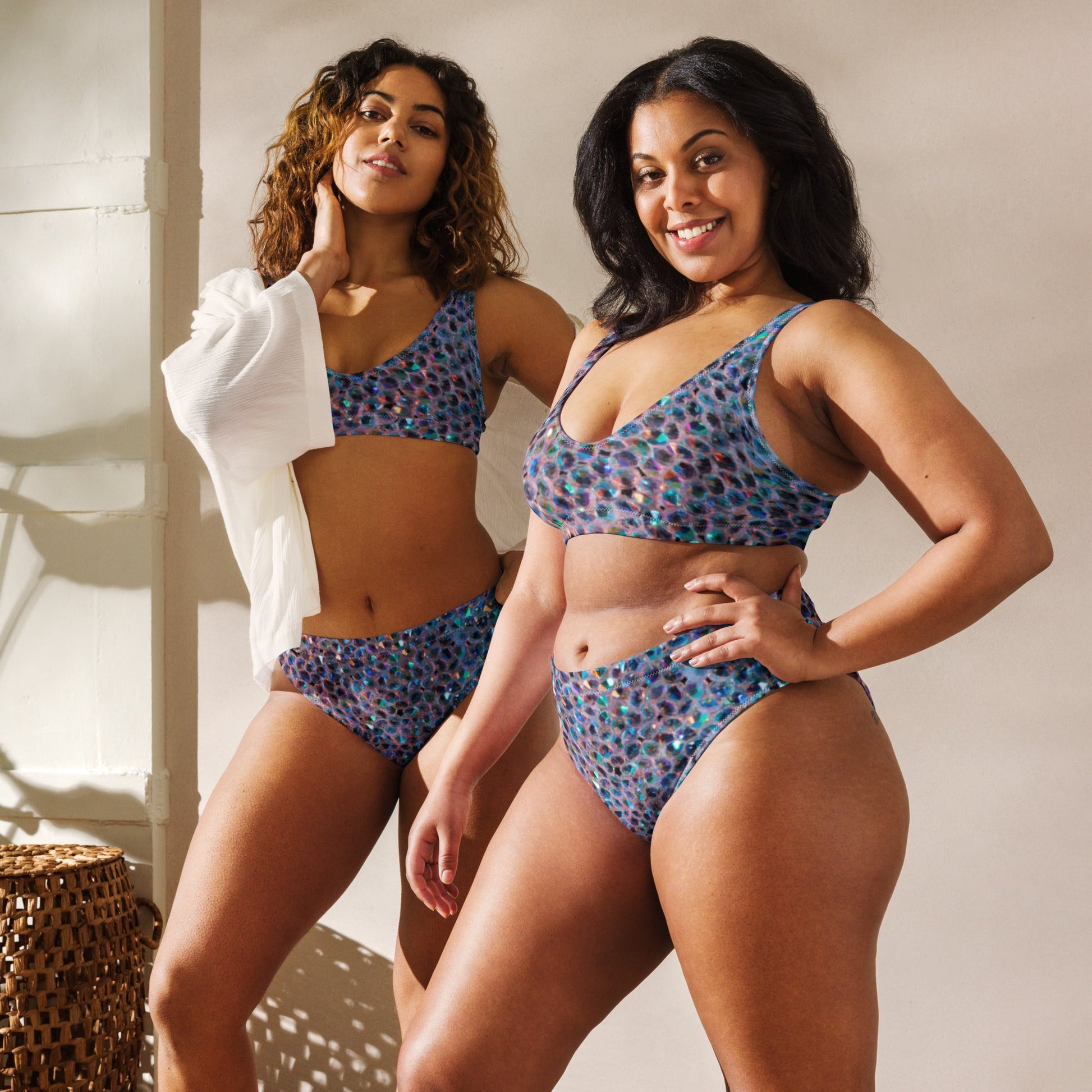 Recycled high - waisted bikini, Rhinestone print (Not Real Sequins Design Is Printed onto fabric) - PratSN