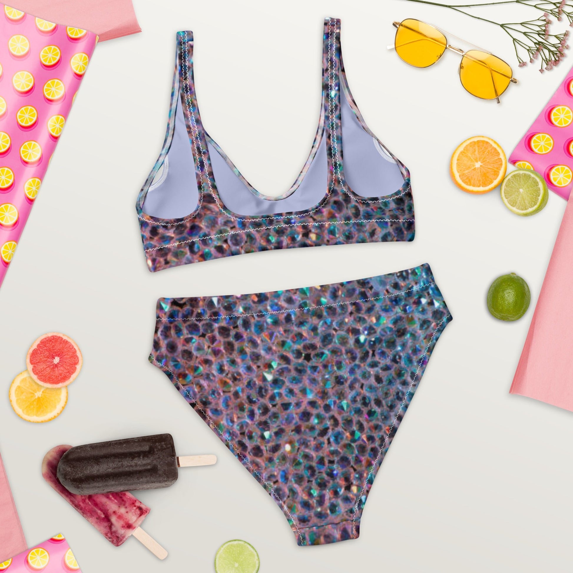 Recycled high - waisted bikini, Rhinestone print (Not Real Sequins Design Is Printed onto fabric) - PratSN