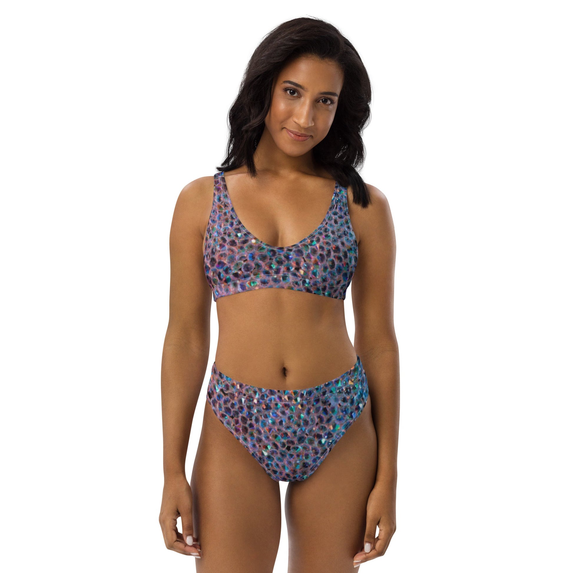 Recycled high - waisted bikini, Rhinestone print (Not Real Sequins Design Is Printed onto fabric) - PratSN