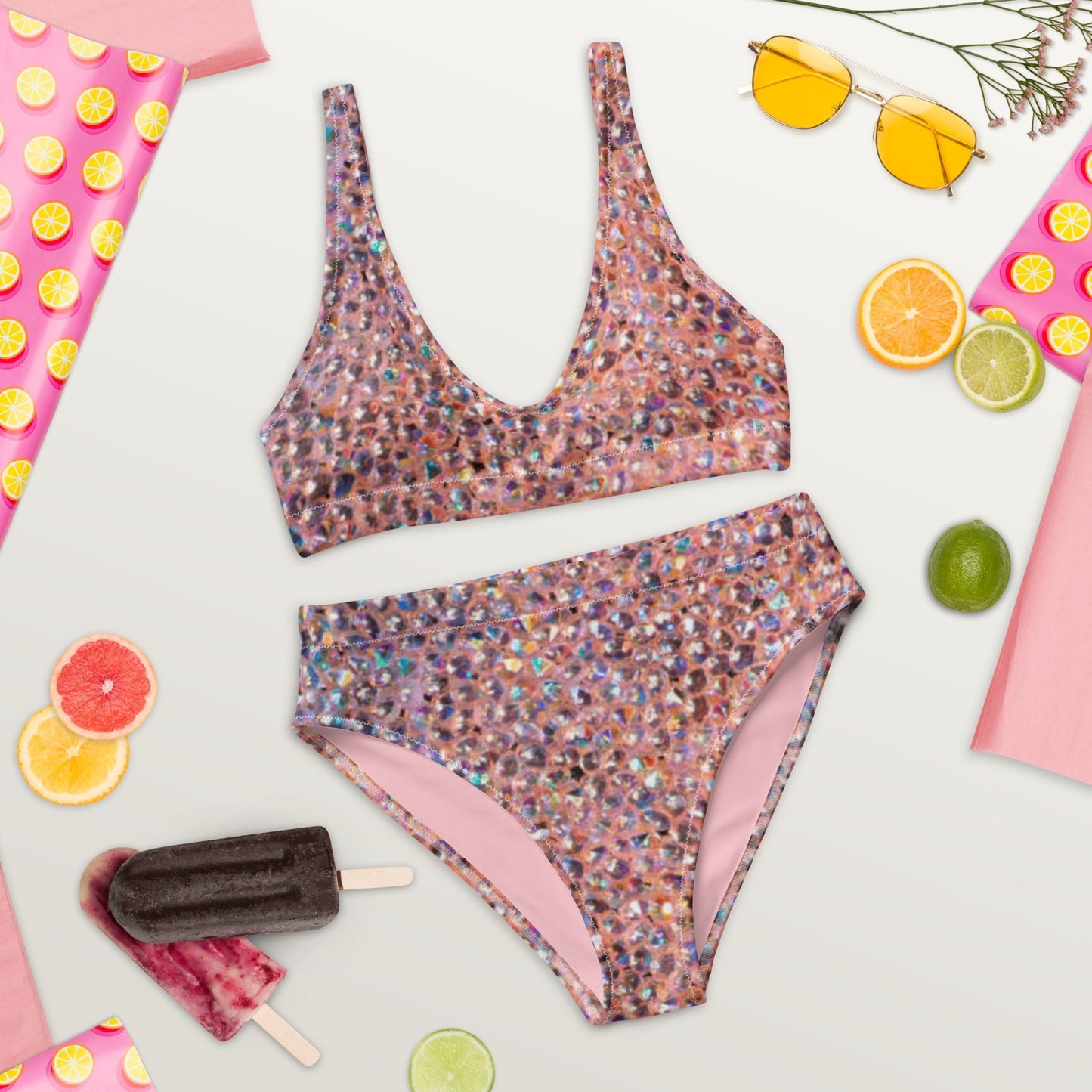 Recycled high - waisted bikini, Rhinestone print (Not Real Sequins Design Is Printed onto fabric) - PratSN