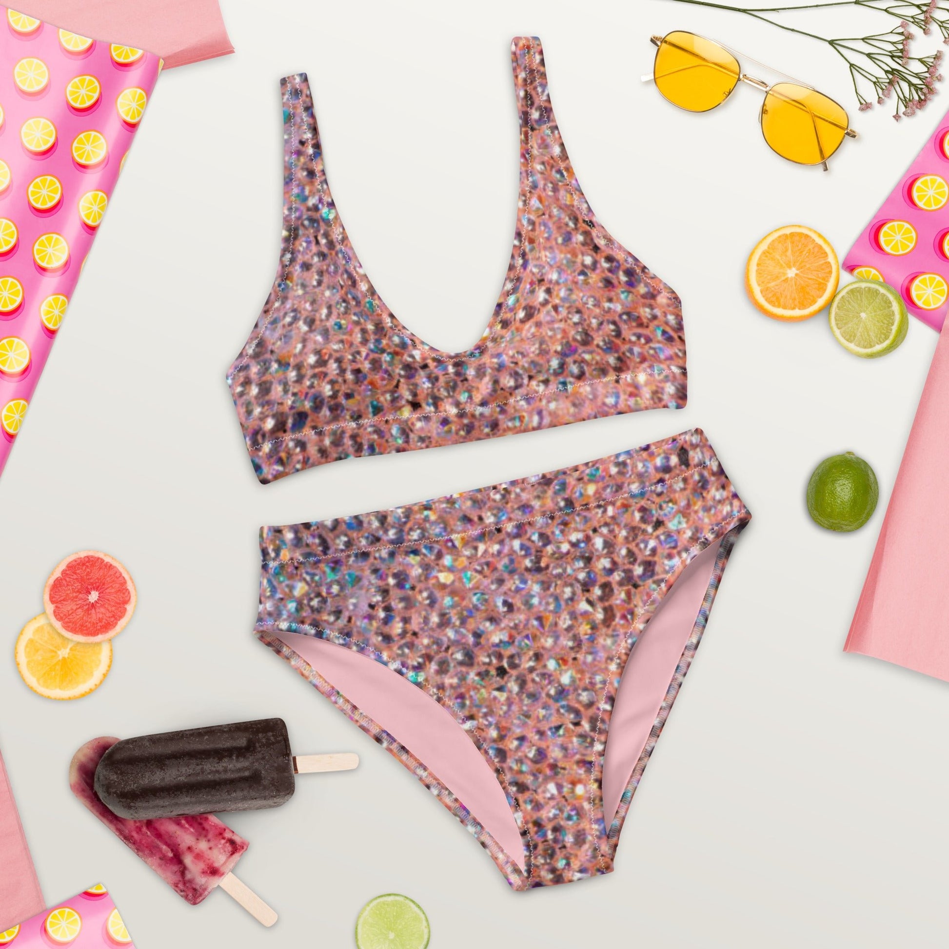Recycled high - waisted bikini, Rhinestone print (Not Real Sequins Design Is Printed onto fabric) - PratSN