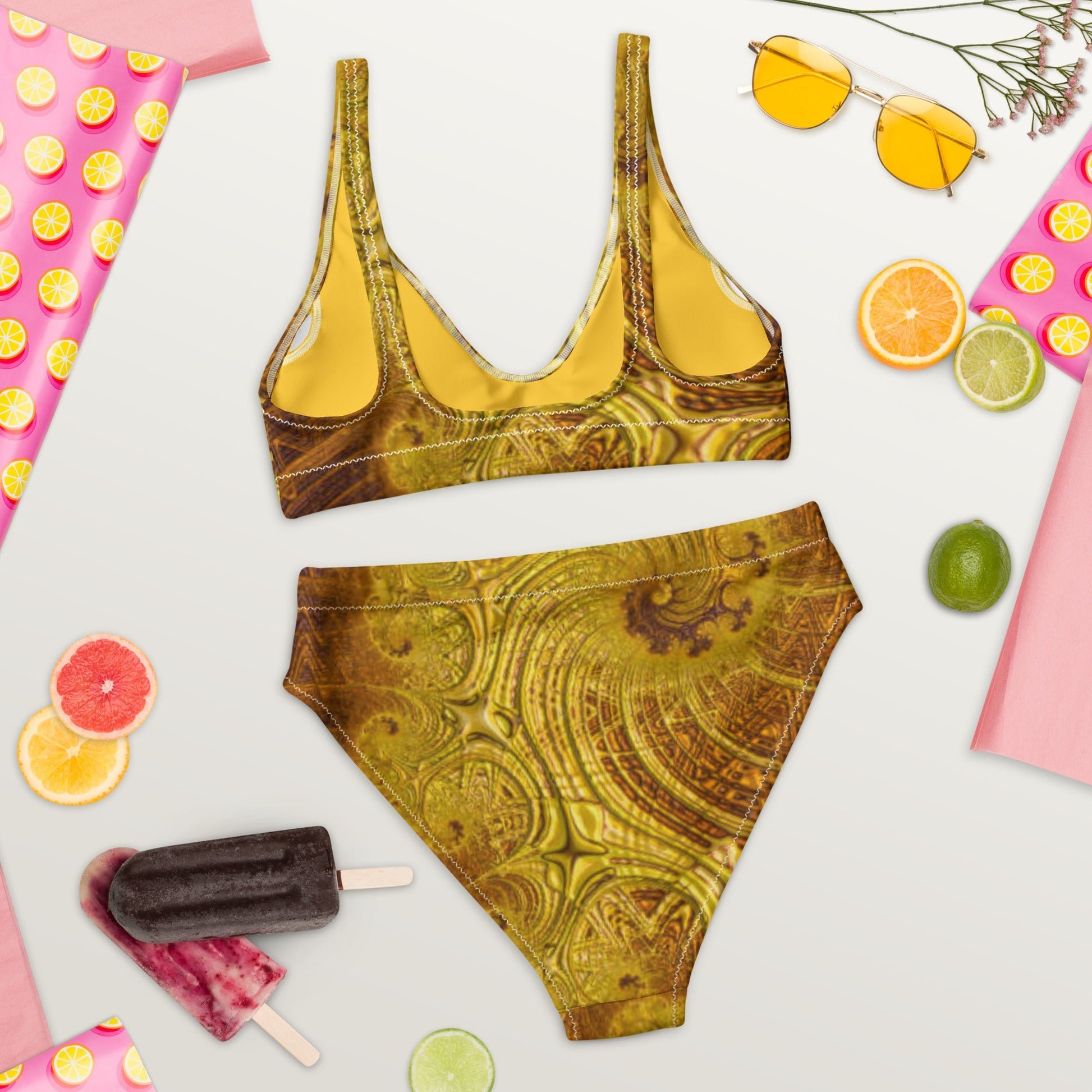 Recycled high - waisted bikini, Two Piece Swimsuit for Women Vacation Beachwear Cruise Swimsuit, Yellow Brown Bikini, Gift Bathing Suit - PratSN