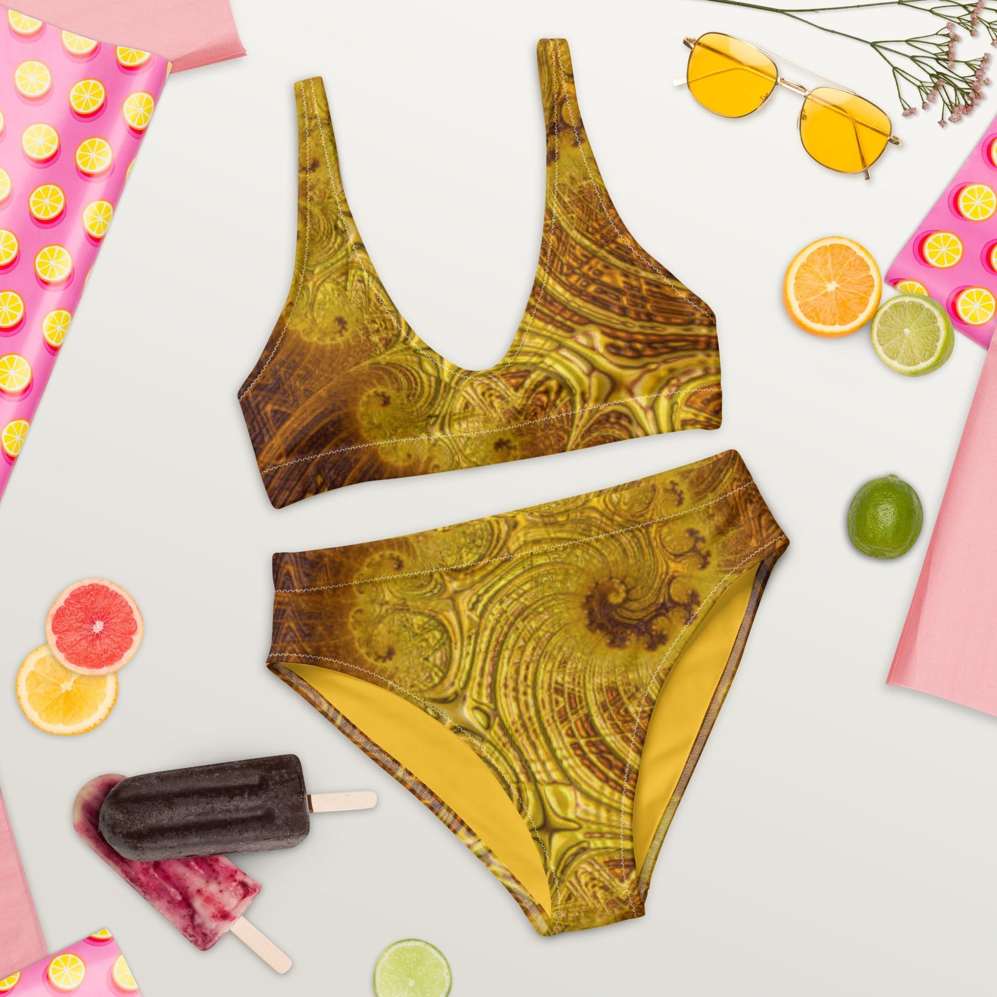 Recycled high - waisted bikini, Two Piece Swimsuit for Women Vacation Beachwear Cruise Swimsuit, Yellow Brown Bikini, Gift Bathing Suit - PratSN