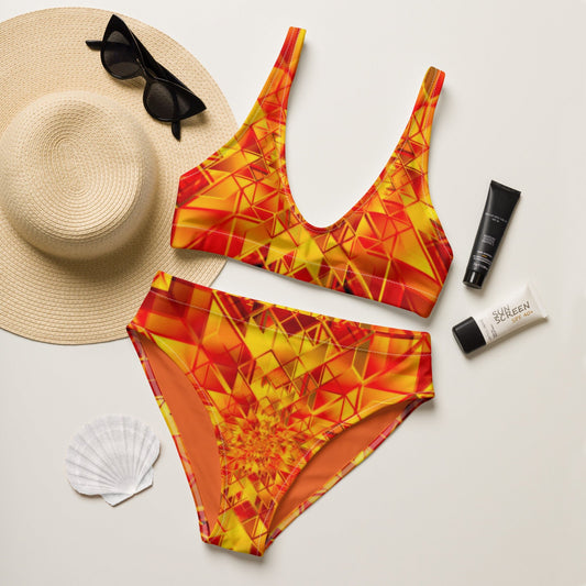 Recycled high - waisted bikini, Two Piece Yellow Orange Swimsuit for Women Vacation Beachwear Cruise Swimsuit, Bikini, Gift Bathing Suit - PratSN