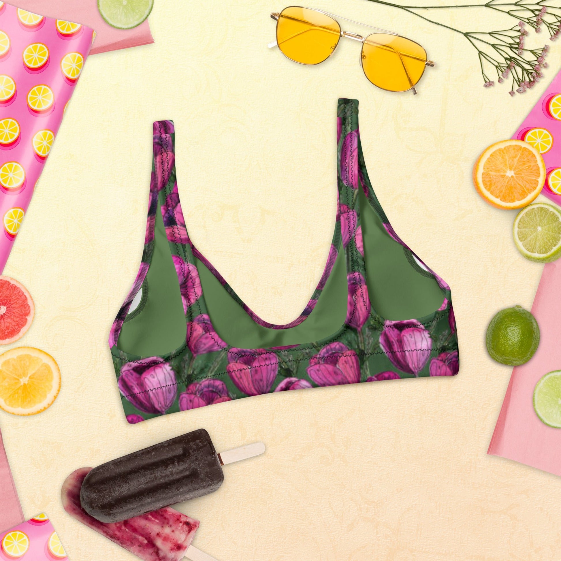 Recycled padded bikini top, Pink Green Floral Bikini, Cute Summer Bikini - PratSN